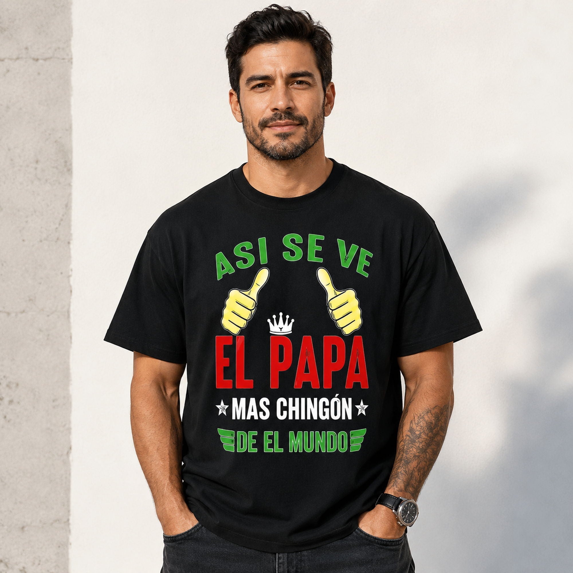 Asi Se Ve El Papa Mas Chingon funny dad graphic tee black front model