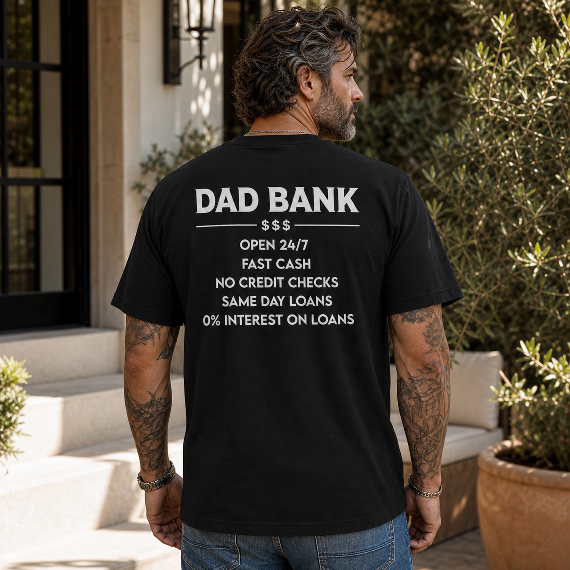 Dad Bank funny dad graphic tee black back print male model