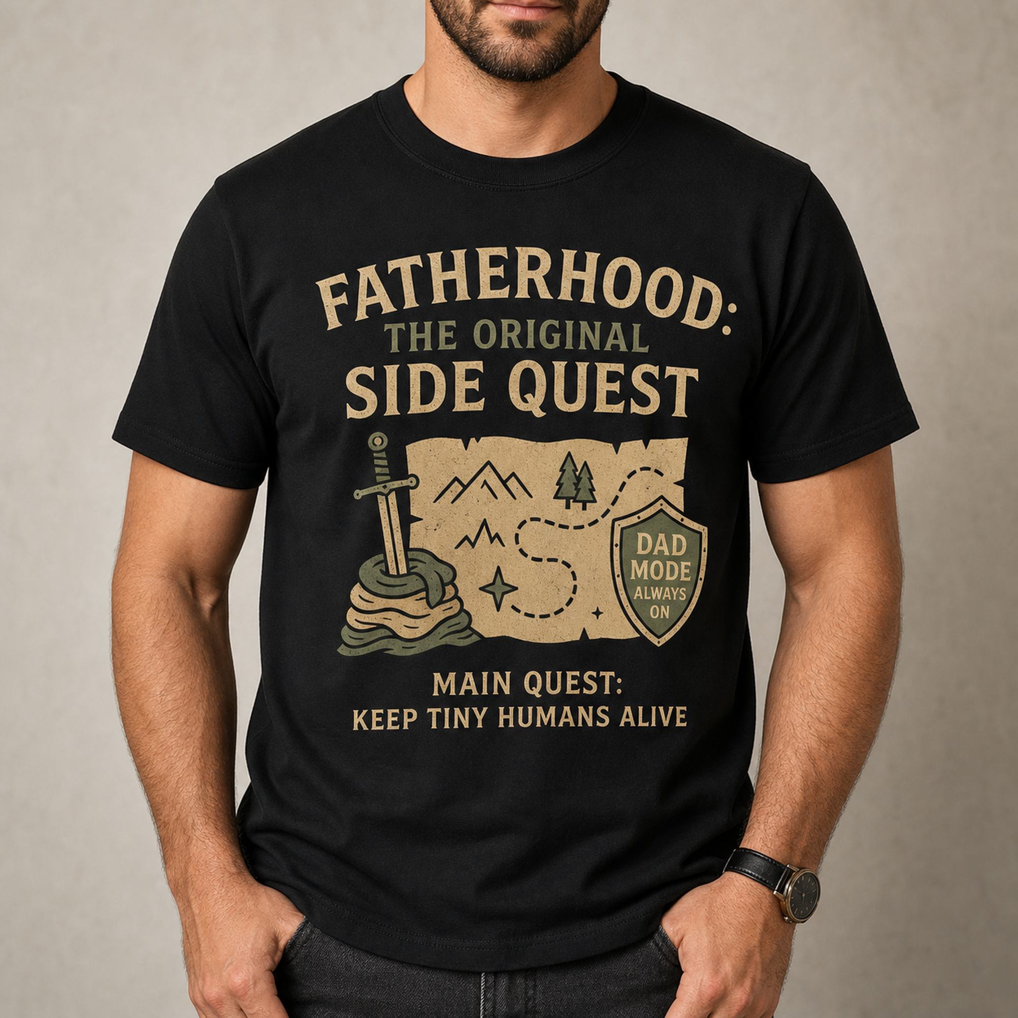 Fatherhood The Original Side Quest funny dad graphic tee black front print male model