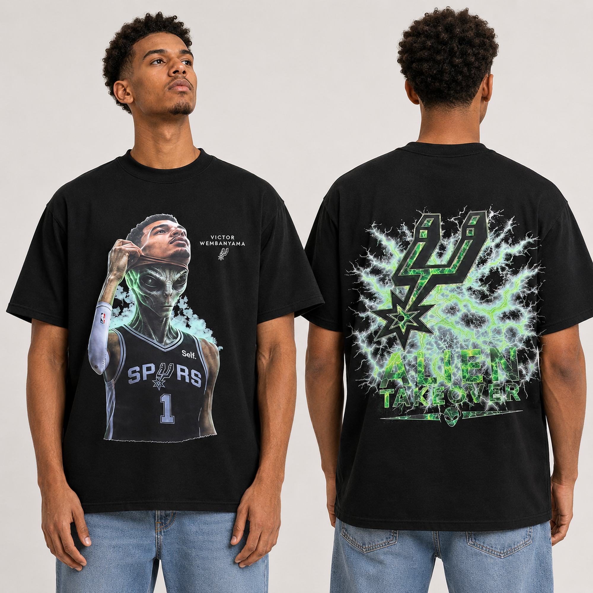Victor Wembanyama Alien Takeover black graphic tee front and back model view