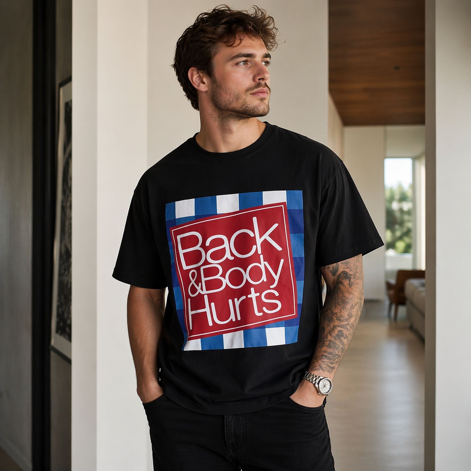 Back & Body Hurts Funny Graphic Tee front print product photo 01 | Diya Glow