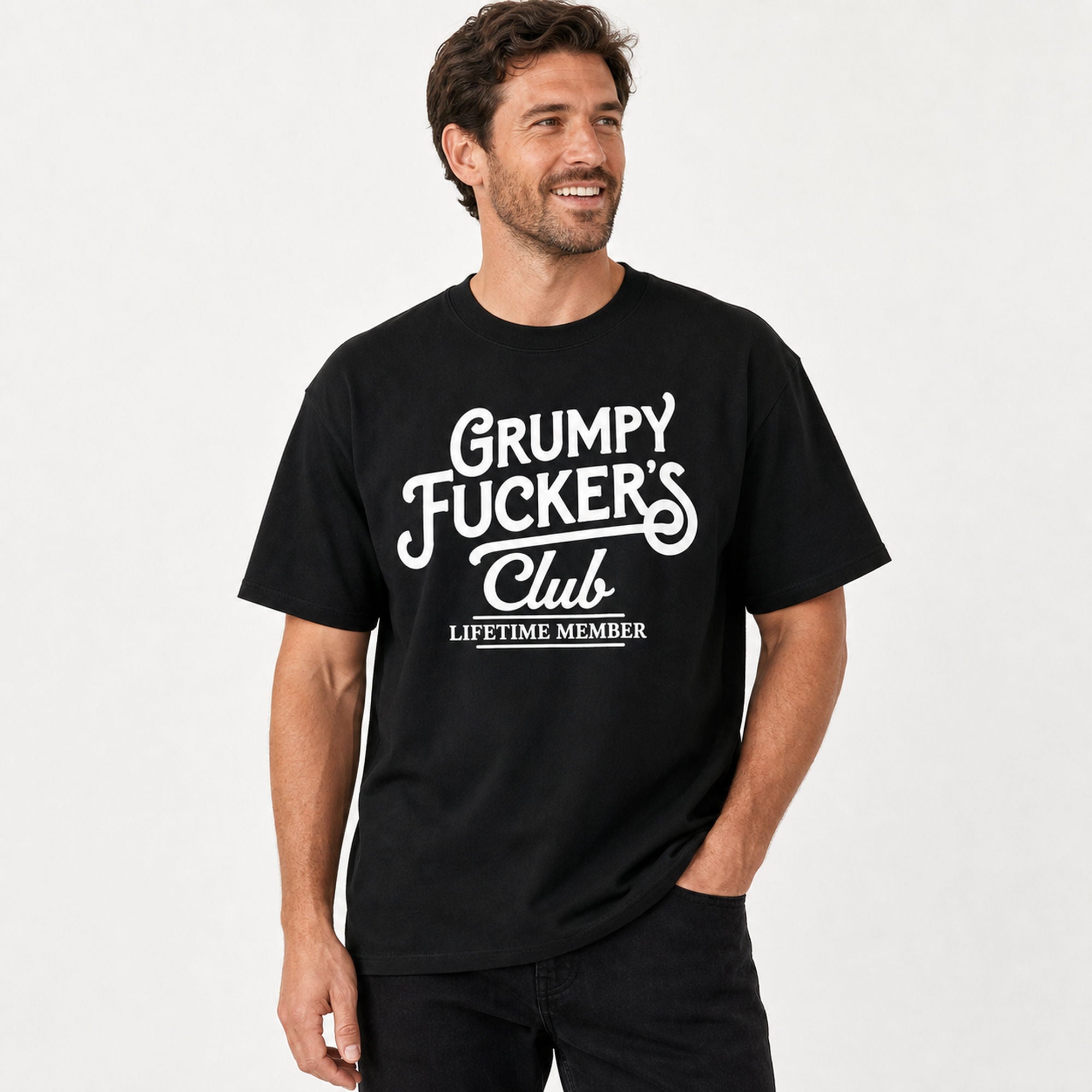 Grumpy Fucker's Club funny graphic tee black front print male model
