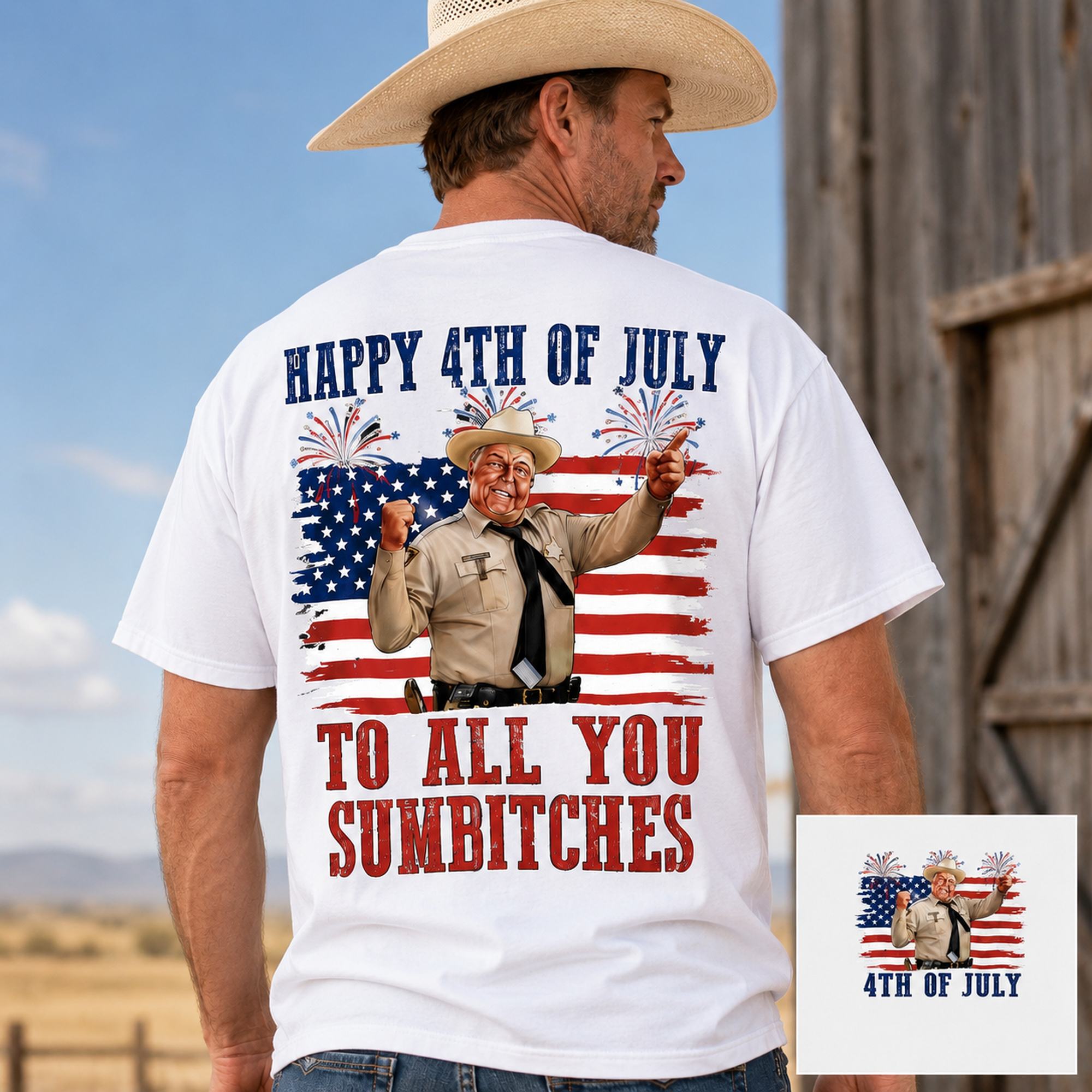 Happy 4th Of July Sumbitches patriotic graphic tee white back print model