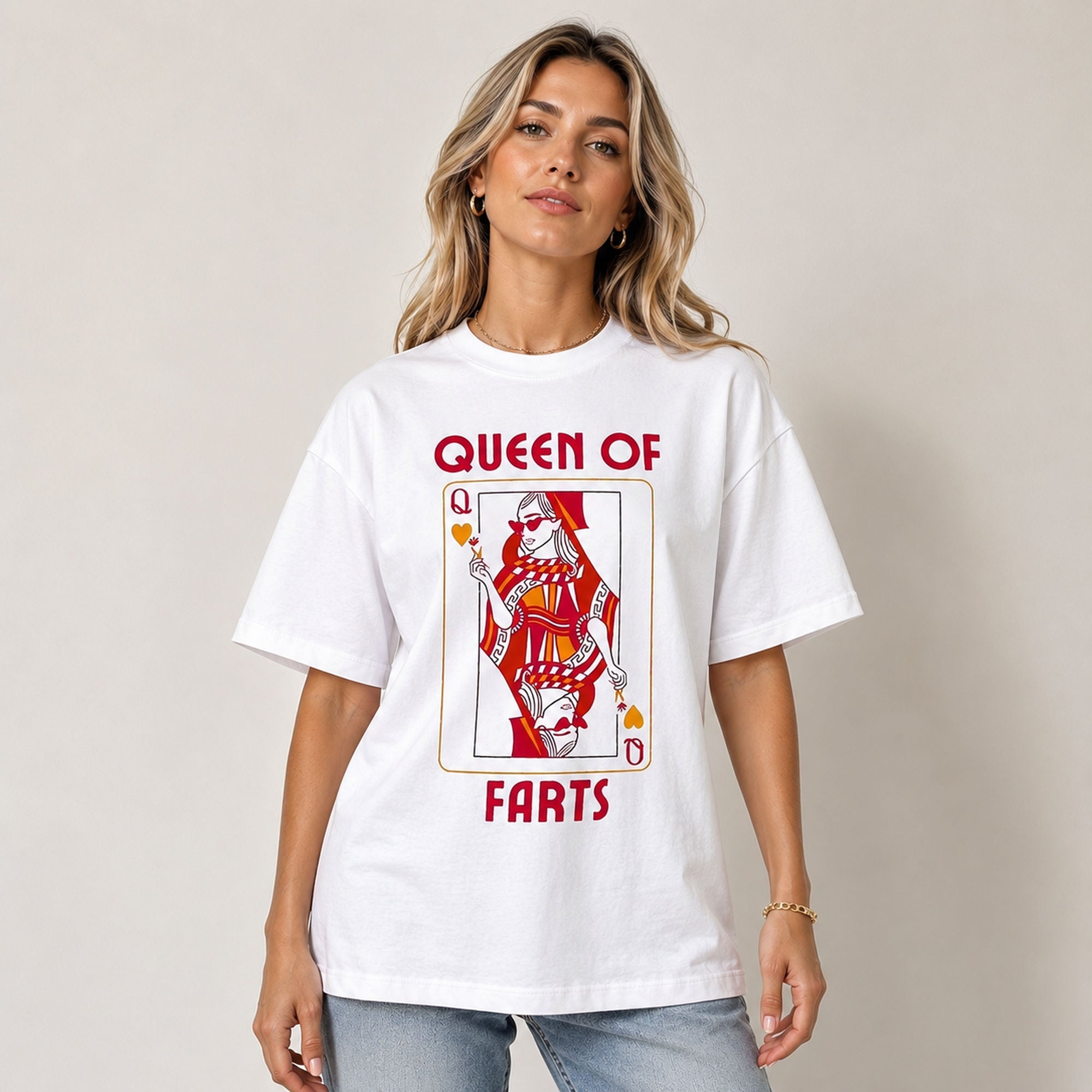 Queen Of Farts playing card graphic tee white front print model