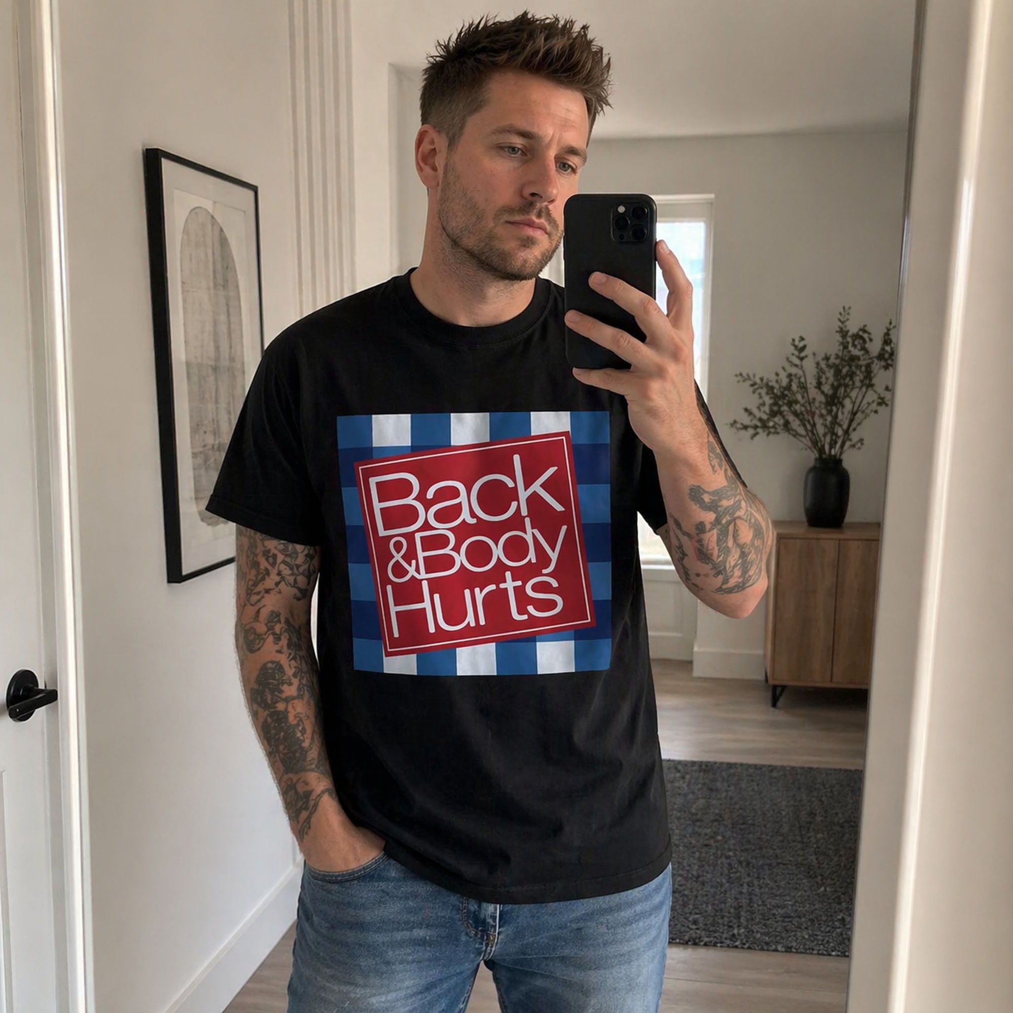Back & Body Hurts Funny Graphic Tee front print product photo 02 | Diya Glow