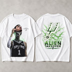 Victor Wembanyama Alien Takeover white graphic tee front and back flat lay