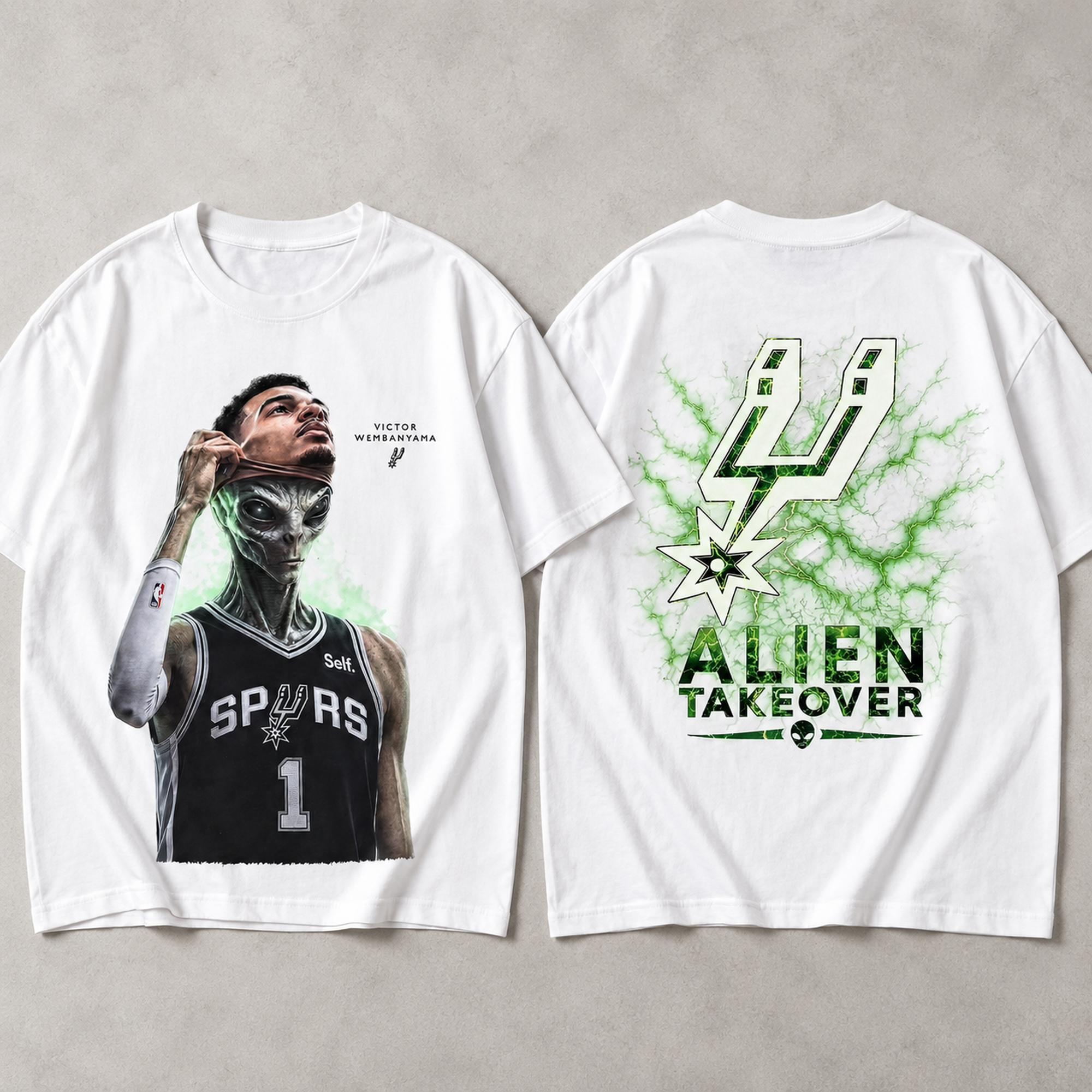 Victor Wembanyama Alien Takeover white graphic tee front and back flat lay