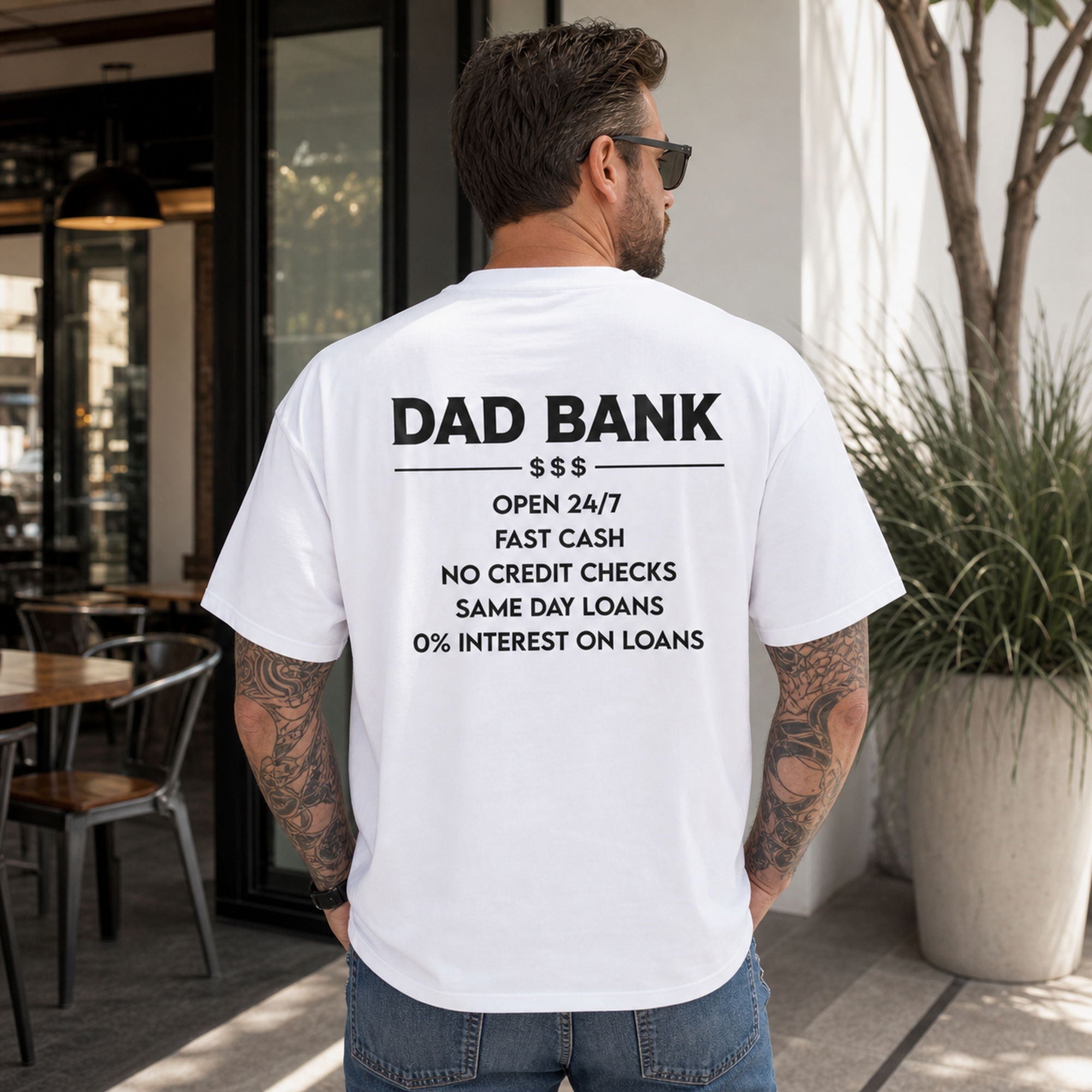 Dad Bank funny dad graphic tee white back print male model