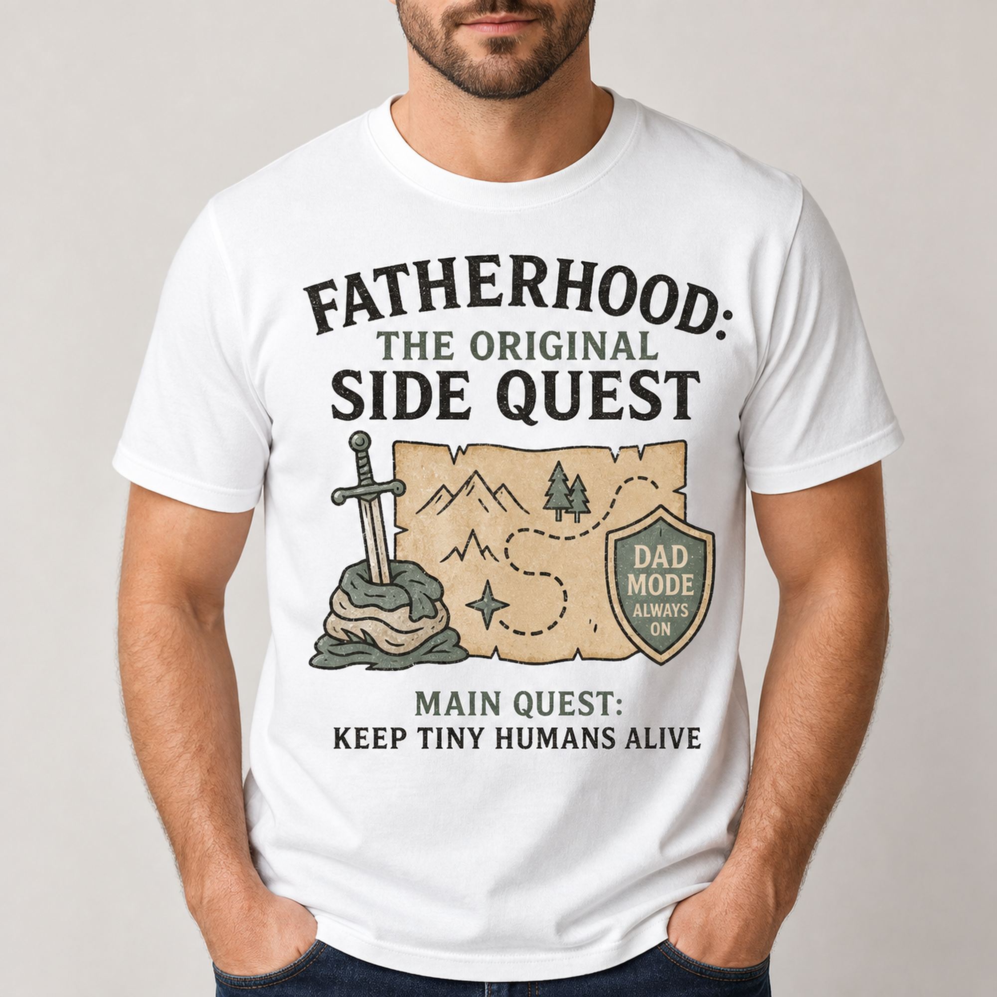 Fatherhood The Original Side Quest funny dad graphic tee white front print male model