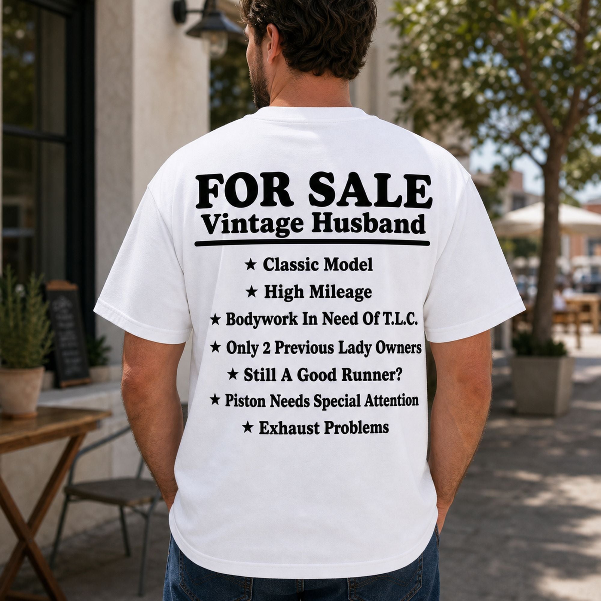 For Sale Vintage Husband funny graphic tee white back print male model