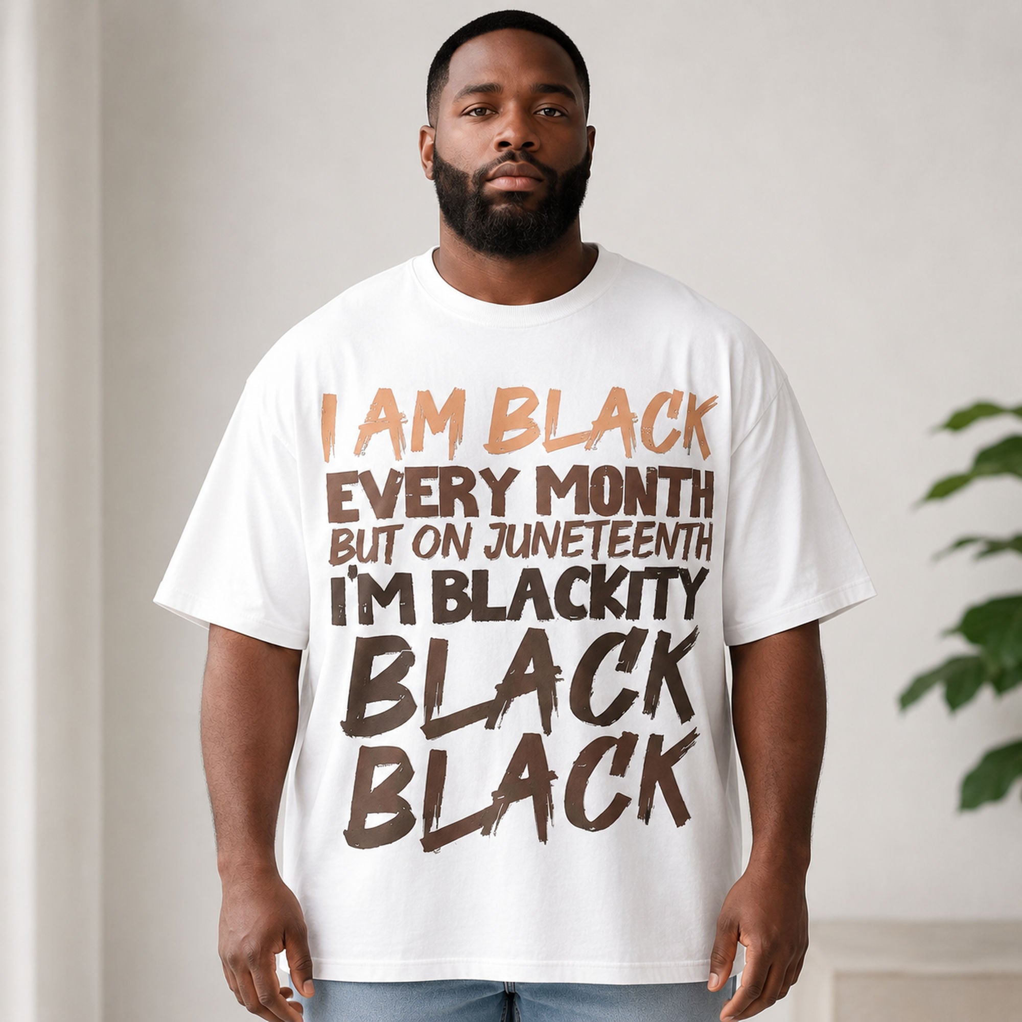 I Am Black Every Month Juneteenth graphic tee white front print lifestyle model