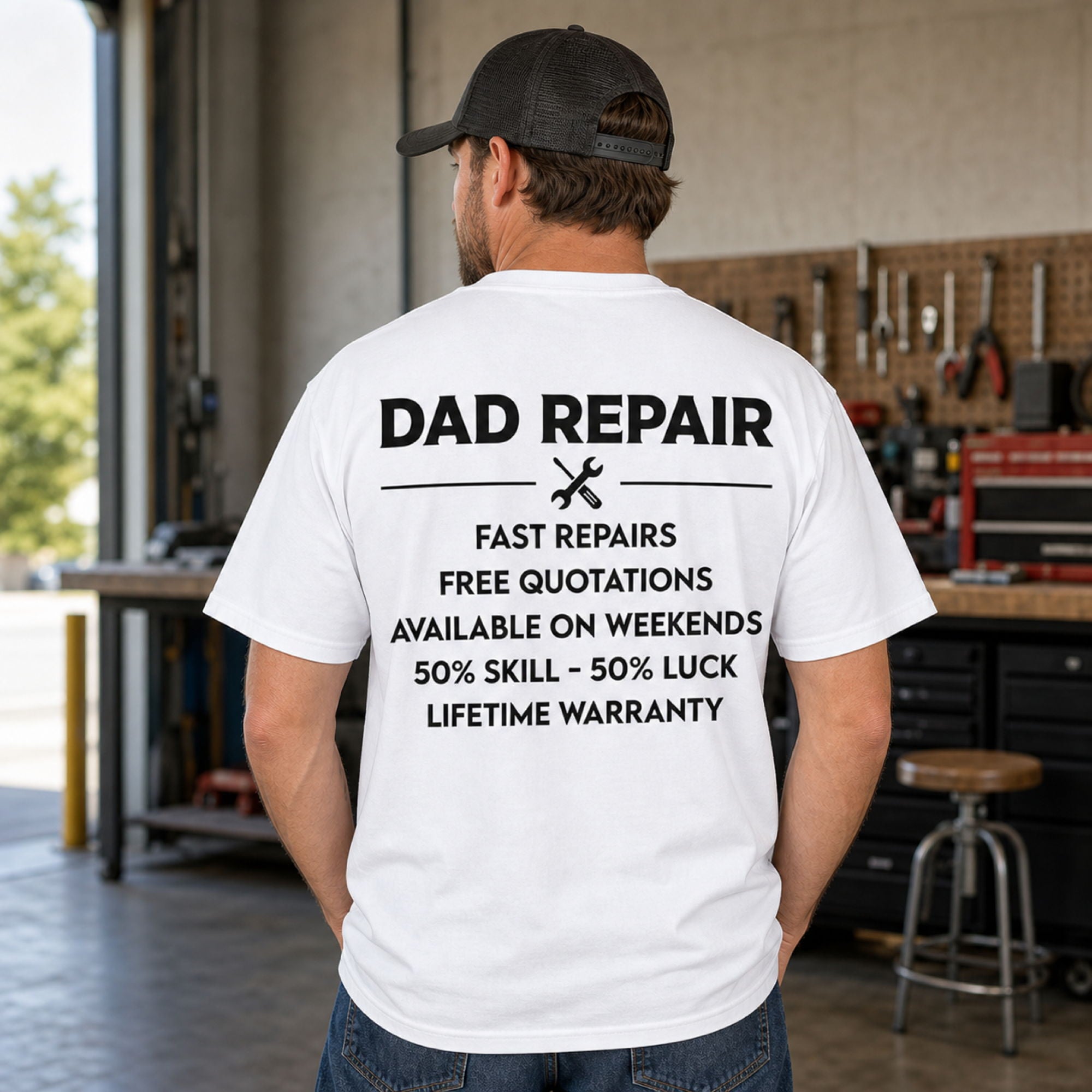Dad Repair Service funny dad graphic tee white back model