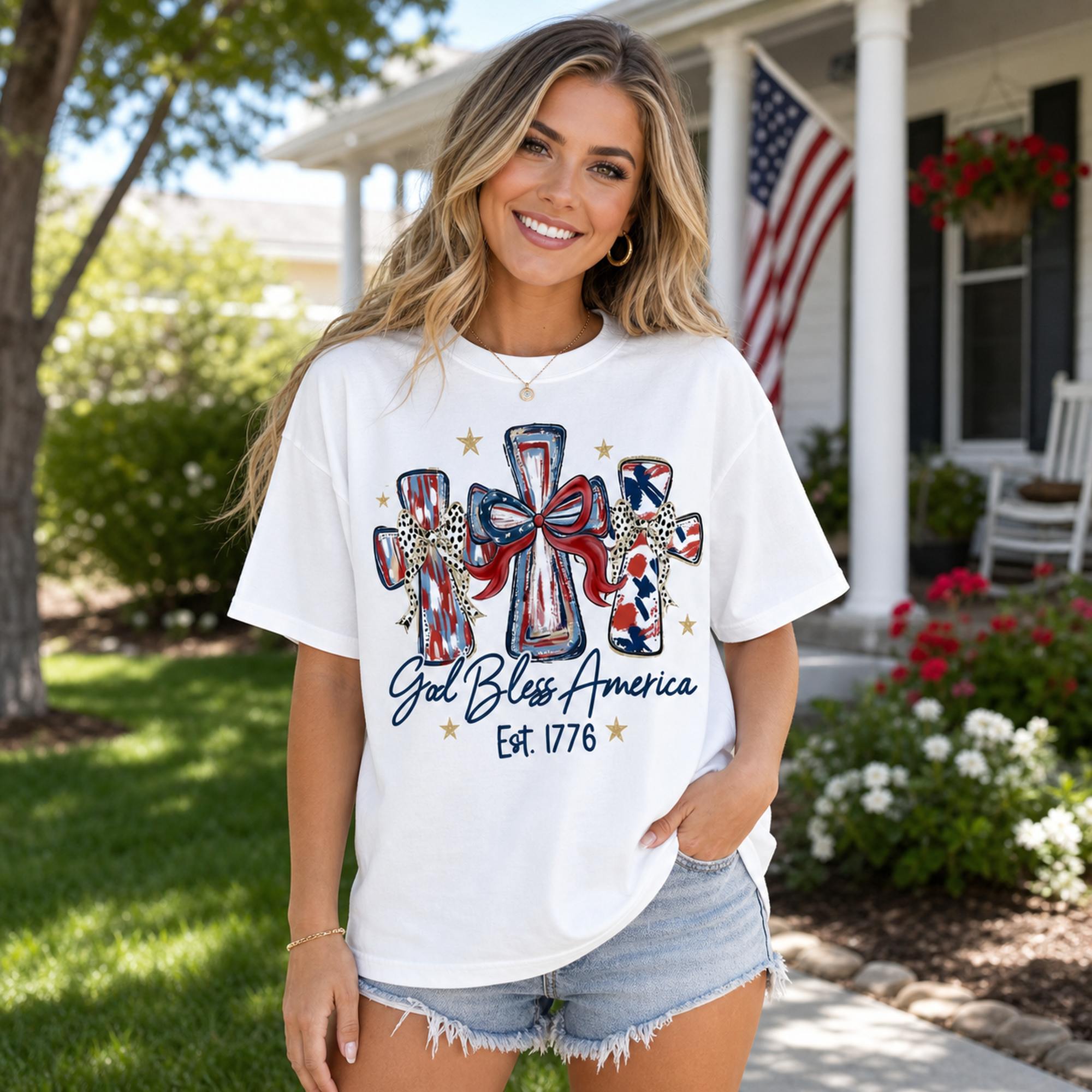 God Bless America EST. 1776 Patriotic Graphic Tee front print product photo 02 | Diya Glow