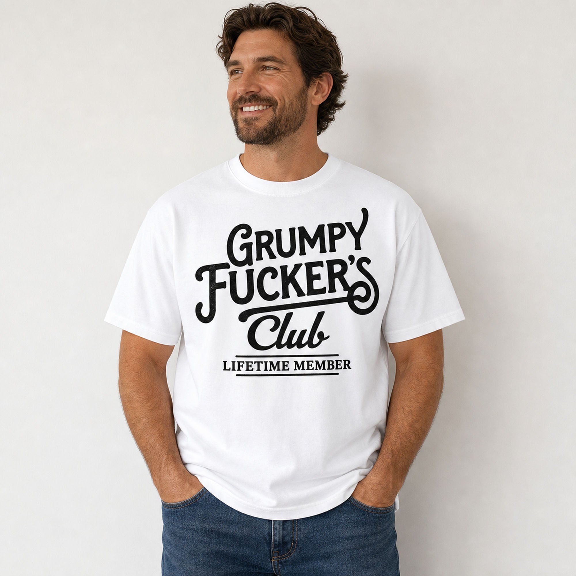Grumpy Fucker's Club funny graphic tee white front print male model