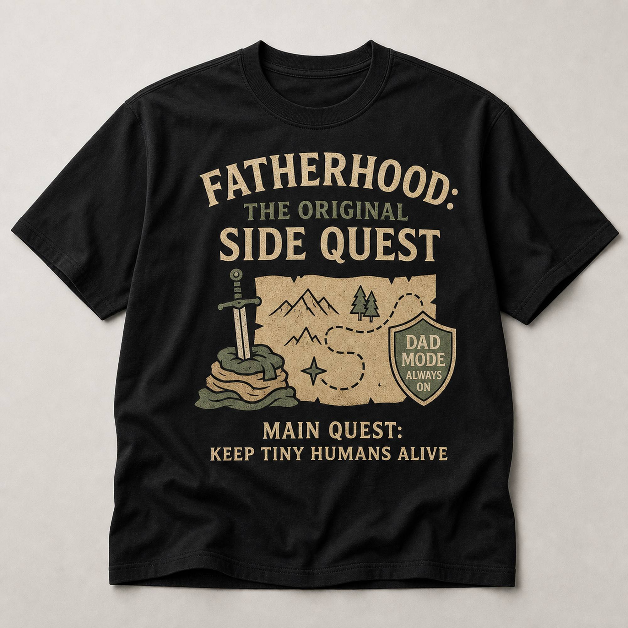 Fatherhood The Original Side Quest funny dad graphic tee black front print flat lay