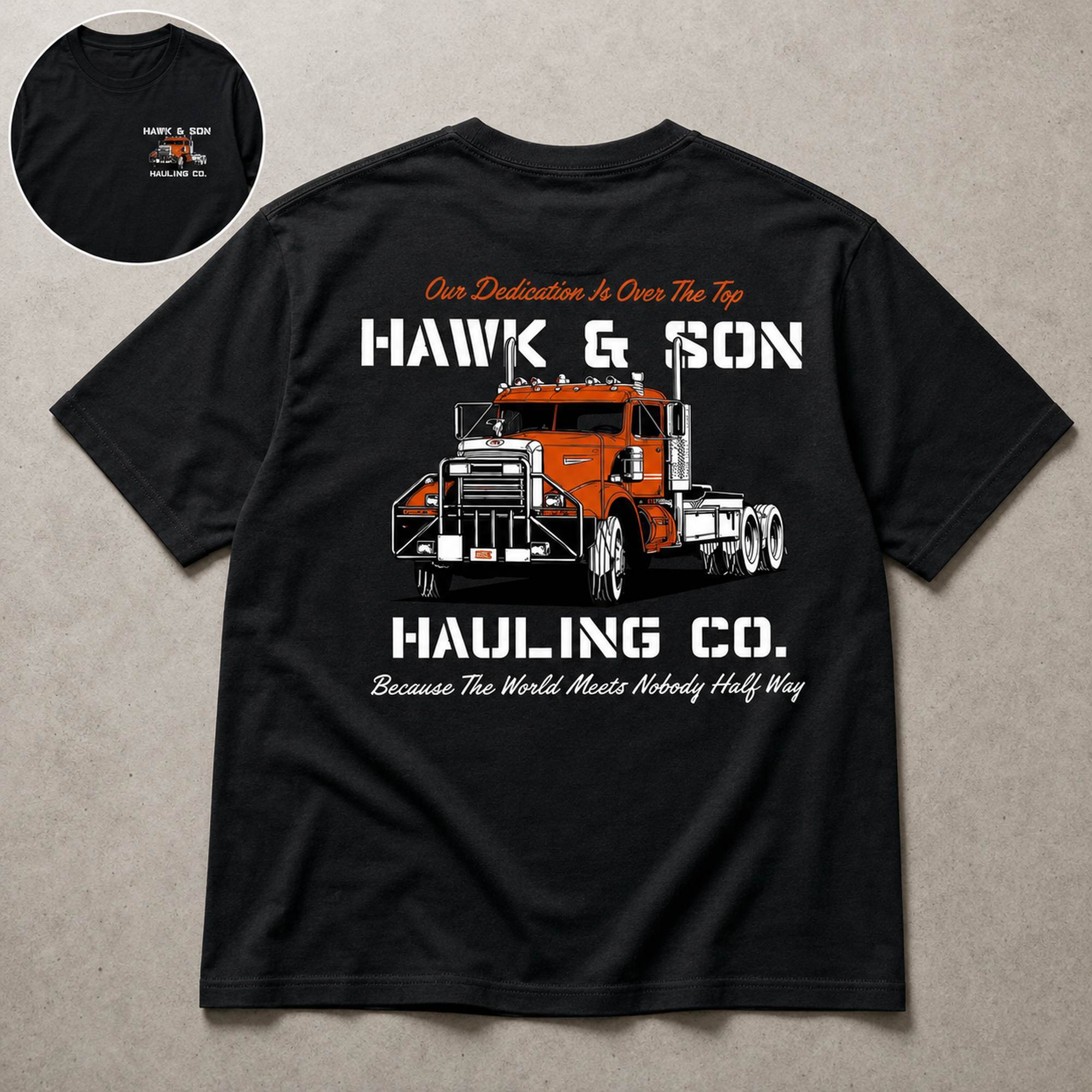 Hawk & Son Hauling Co trucker graphic tee black back flat lay