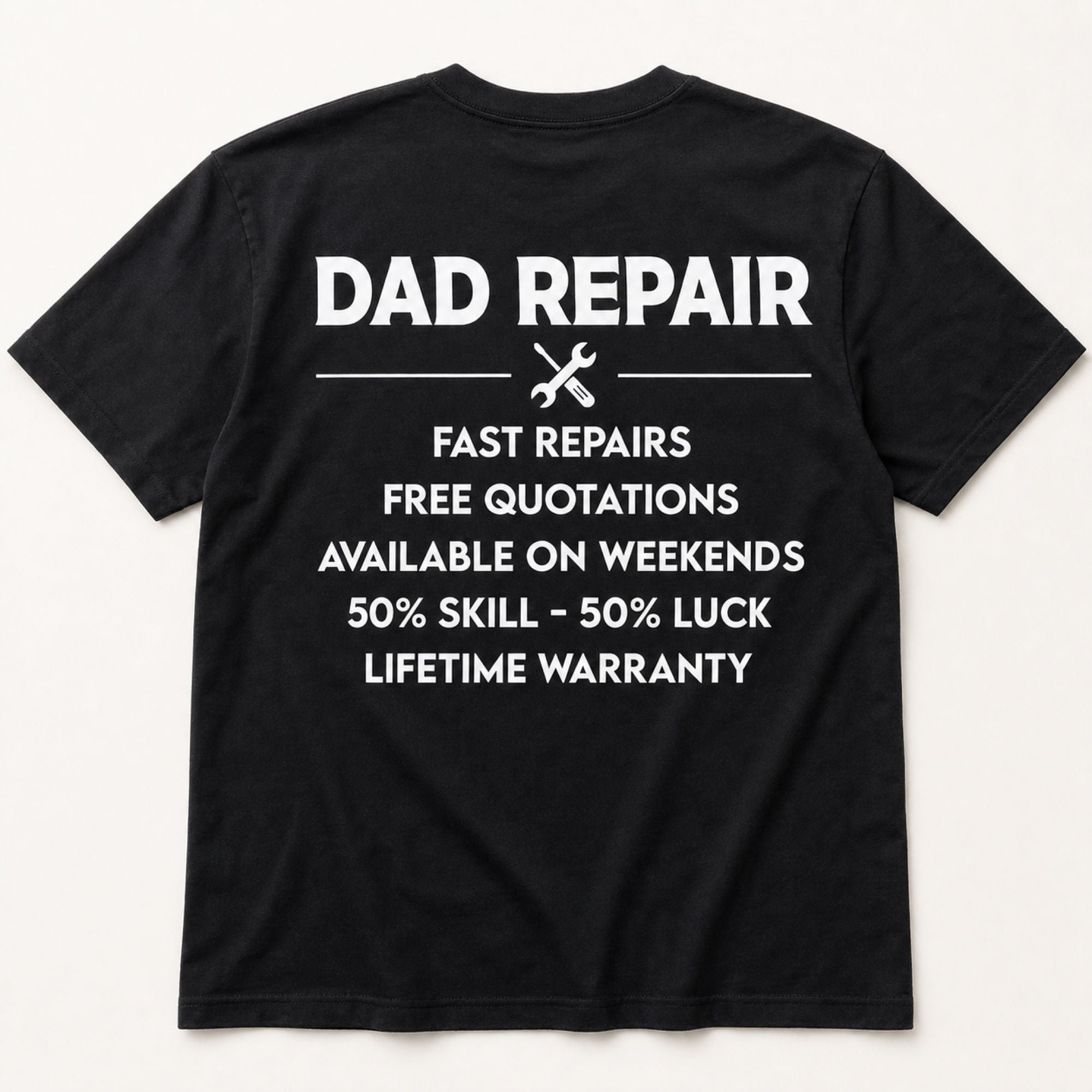 Dad Repair Service funny dad graphic tee black back flat lay