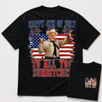 Happy 4th Of July Sumbitches patriotic graphic tee black back flat lay with front inset