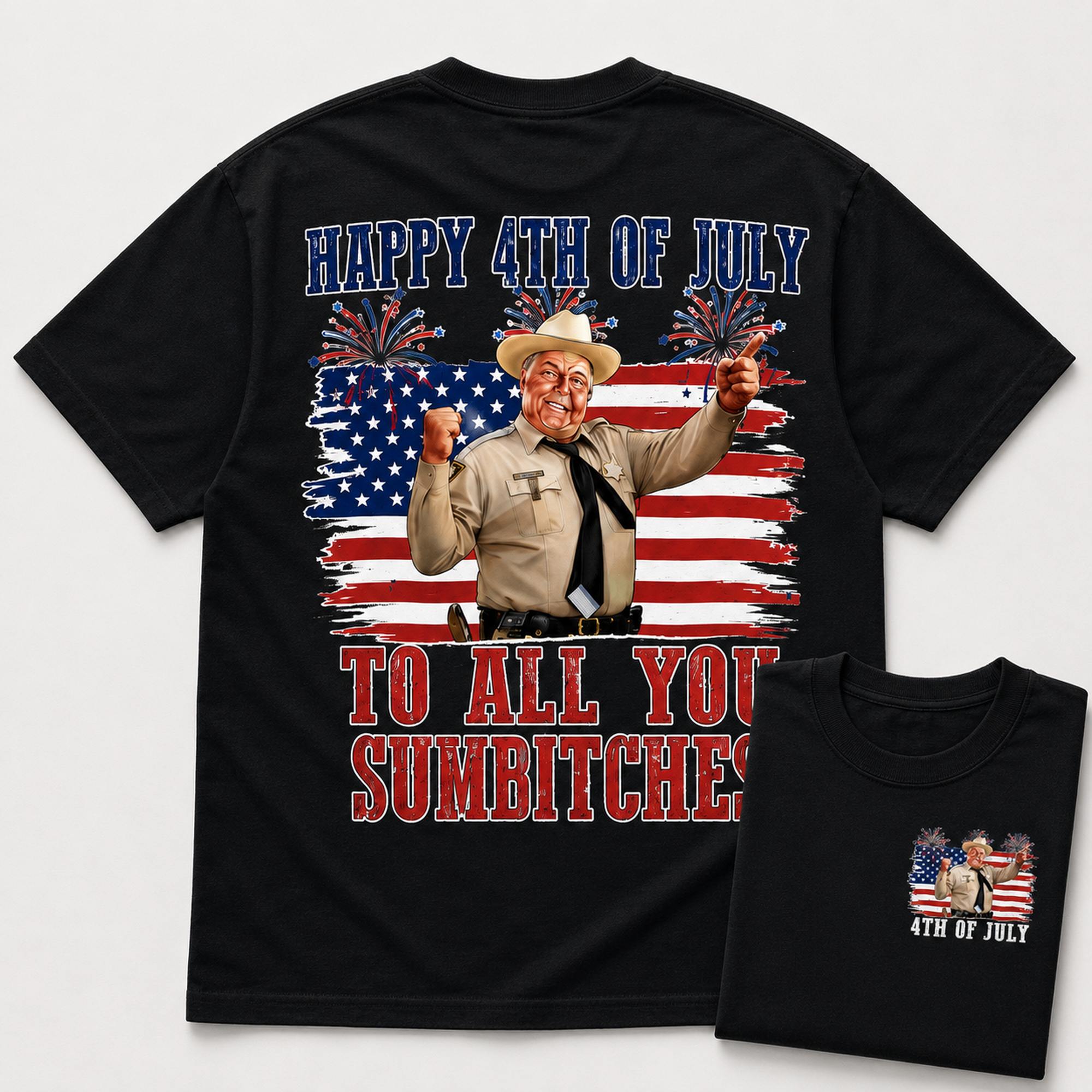 Happy 4th Of July Sumbitches patriotic graphic tee black back flat lay with front inset