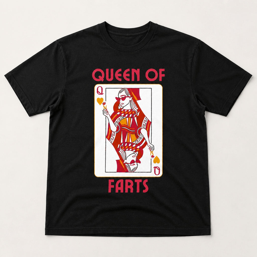 Queen Of Farts playing card graphic tee black front flat lay