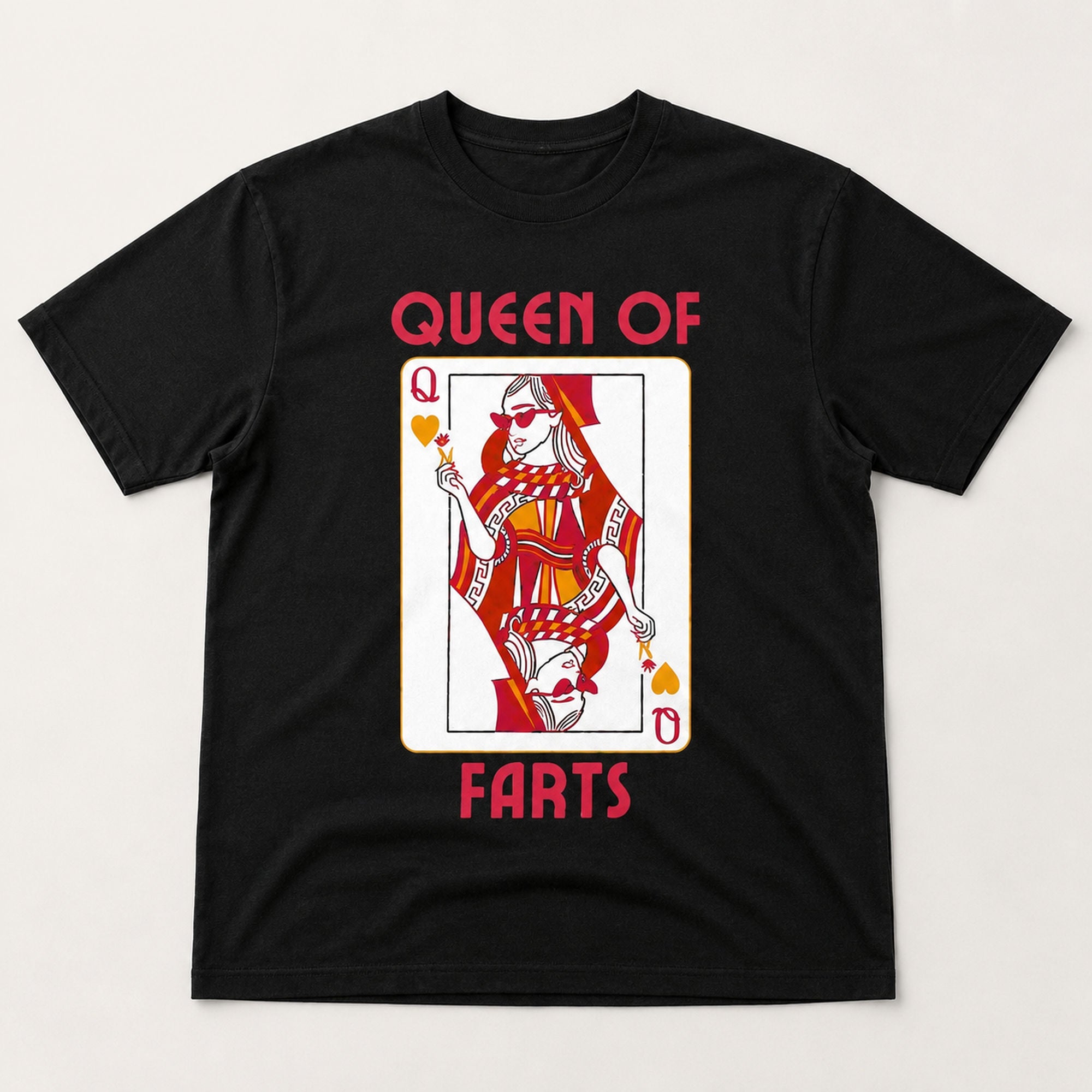 Queen Of Farts playing card graphic tee black front flat lay
