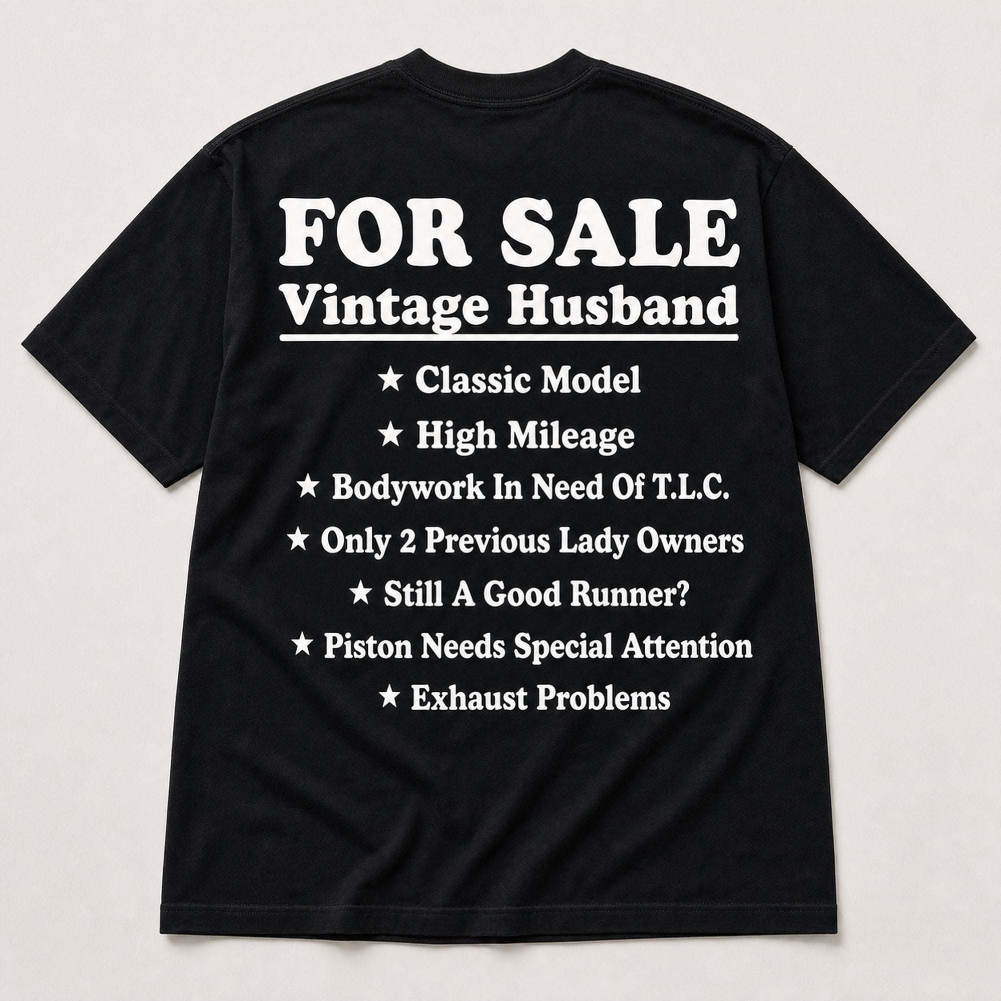 For Sale Vintage Husband funny graphic tee black back print flat lay