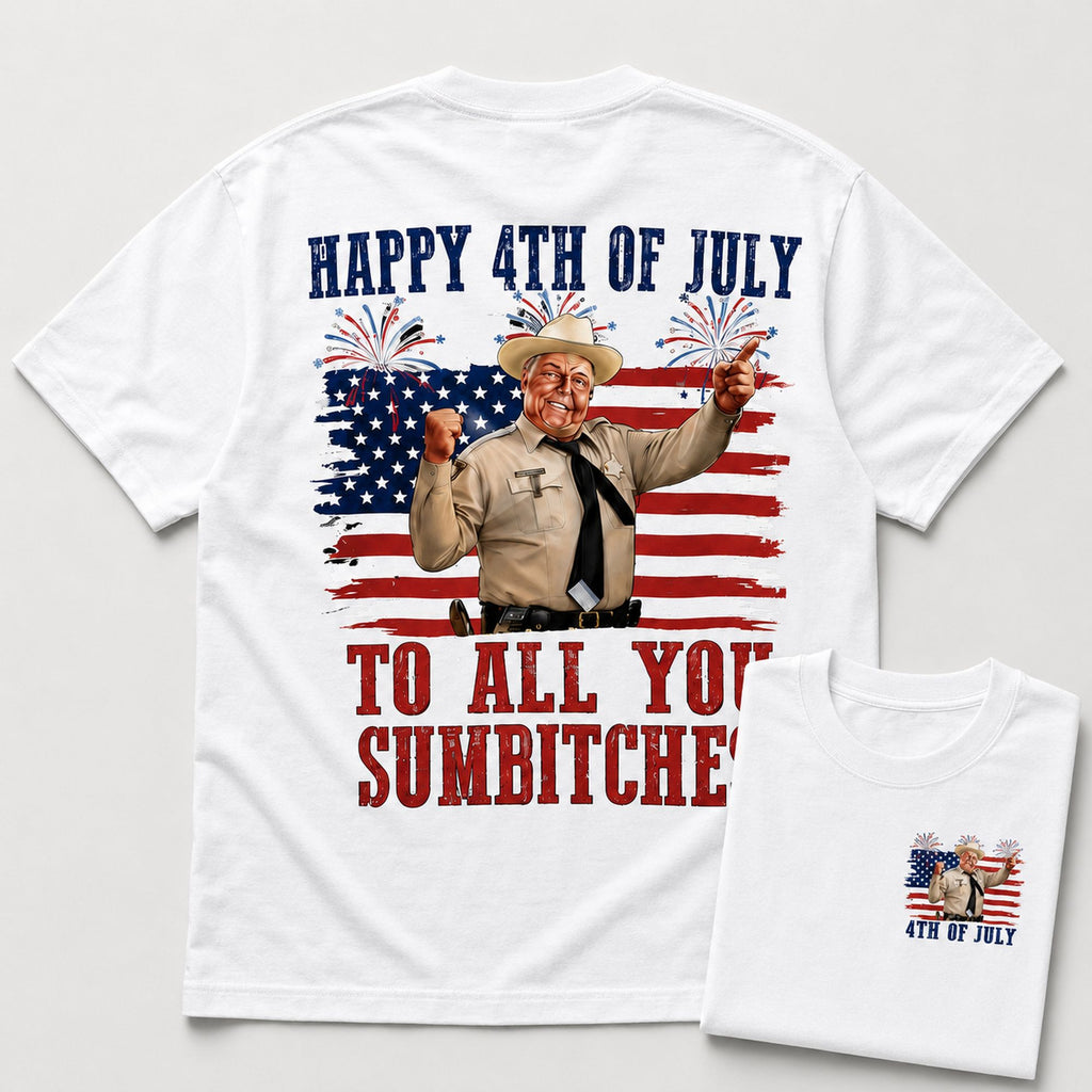 Happy 4th Of July Sumbitches patriotic graphic tee white back flat lay with front inset