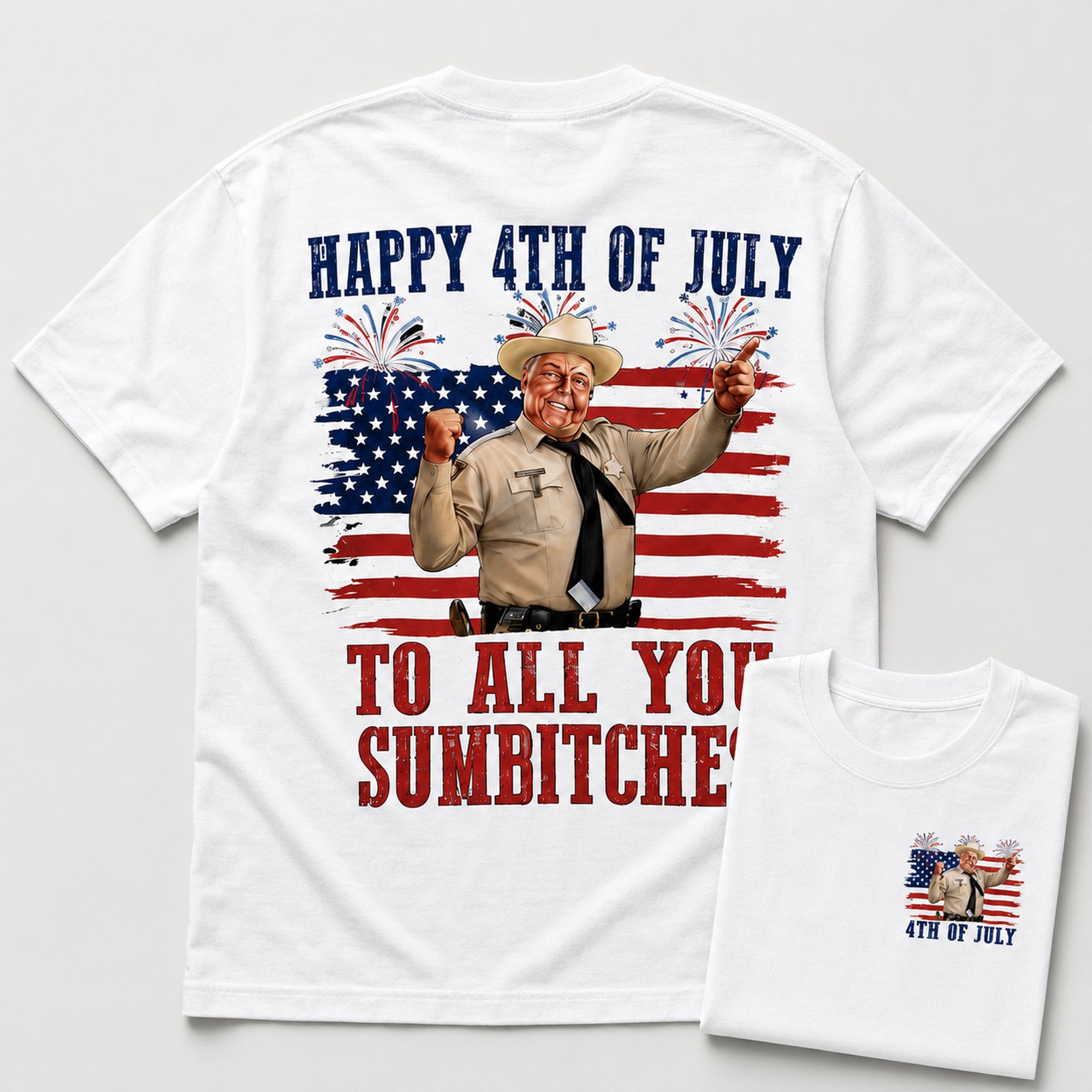 Happy 4th Of July Sumbitches patriotic graphic tee white back flat lay with front inset