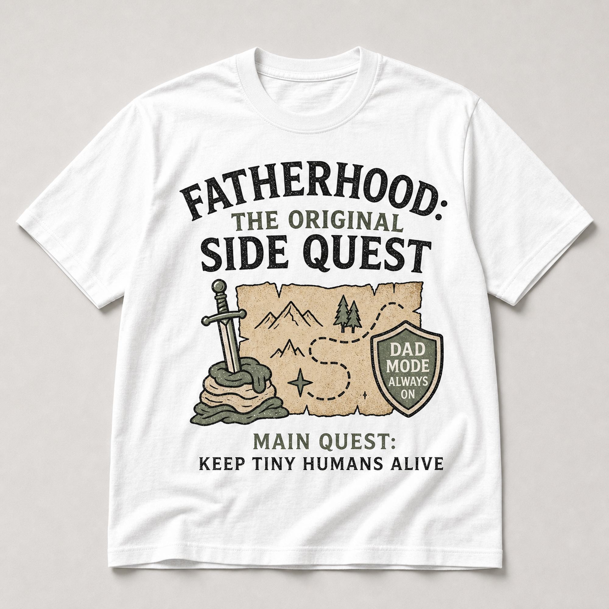 Fatherhood The Original Side Quest funny dad graphic tee white front print flat lay
