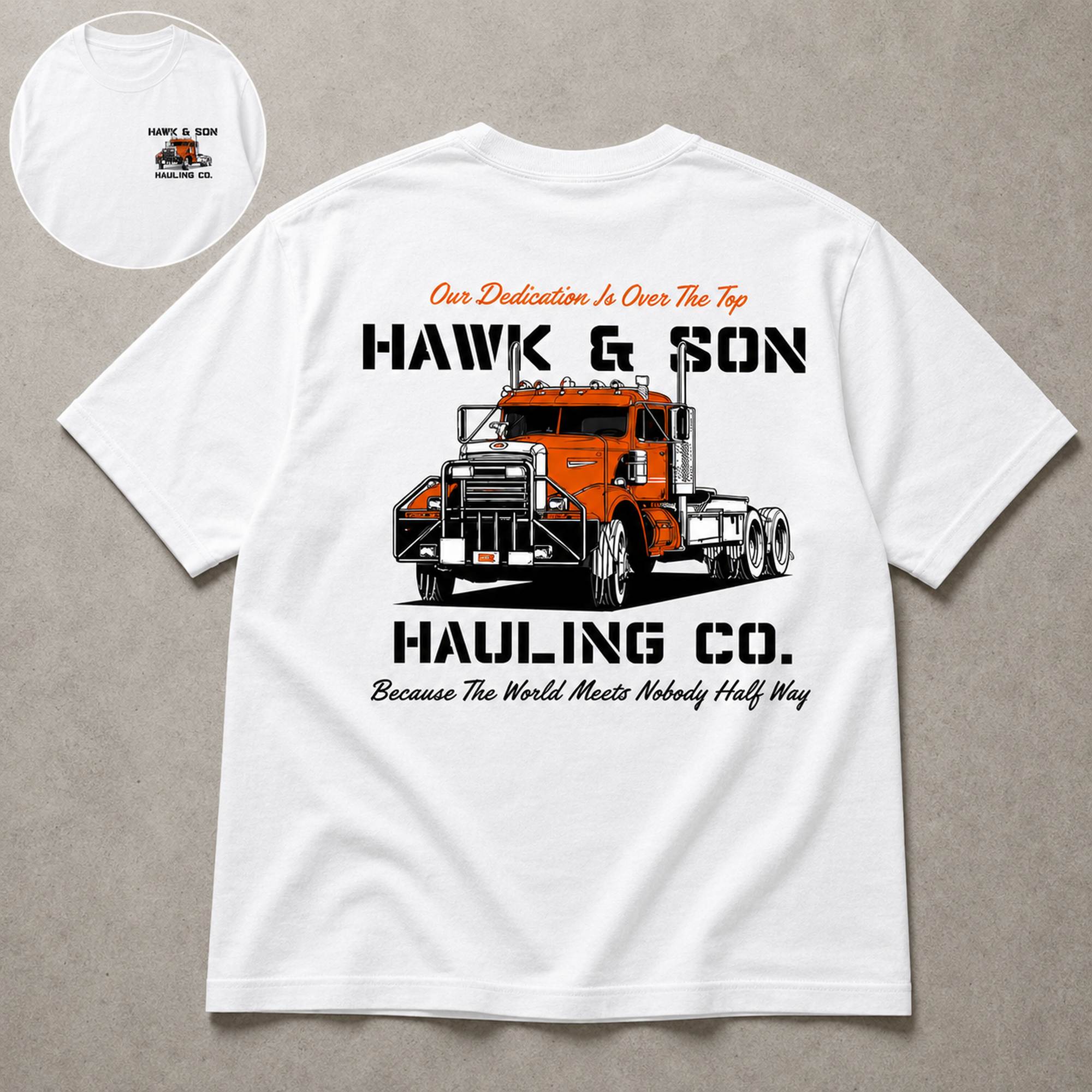 Hawk & Son Hauling Co trucker graphic tee white back flat lay