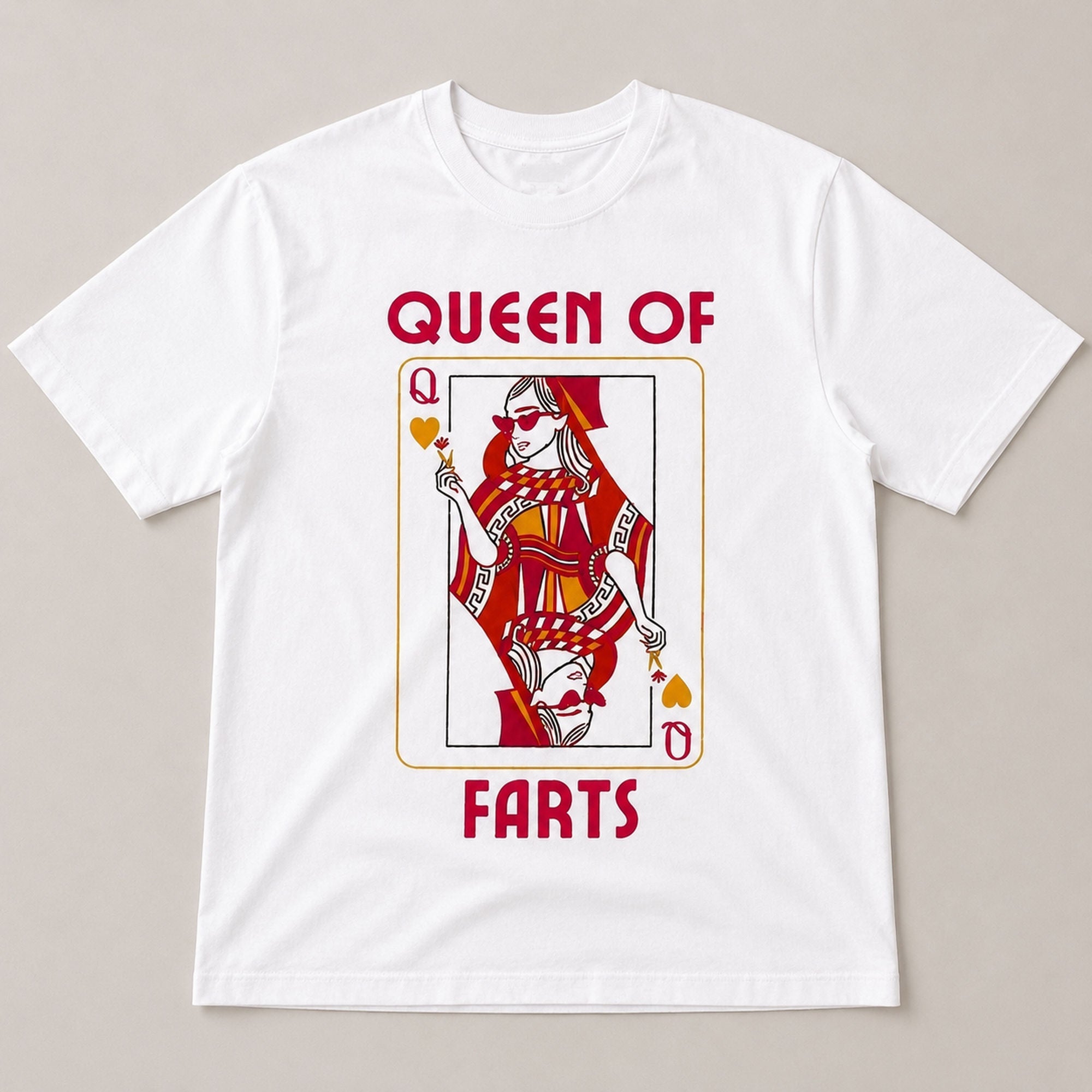 Queen Of Farts playing card graphic tee white front flat lay