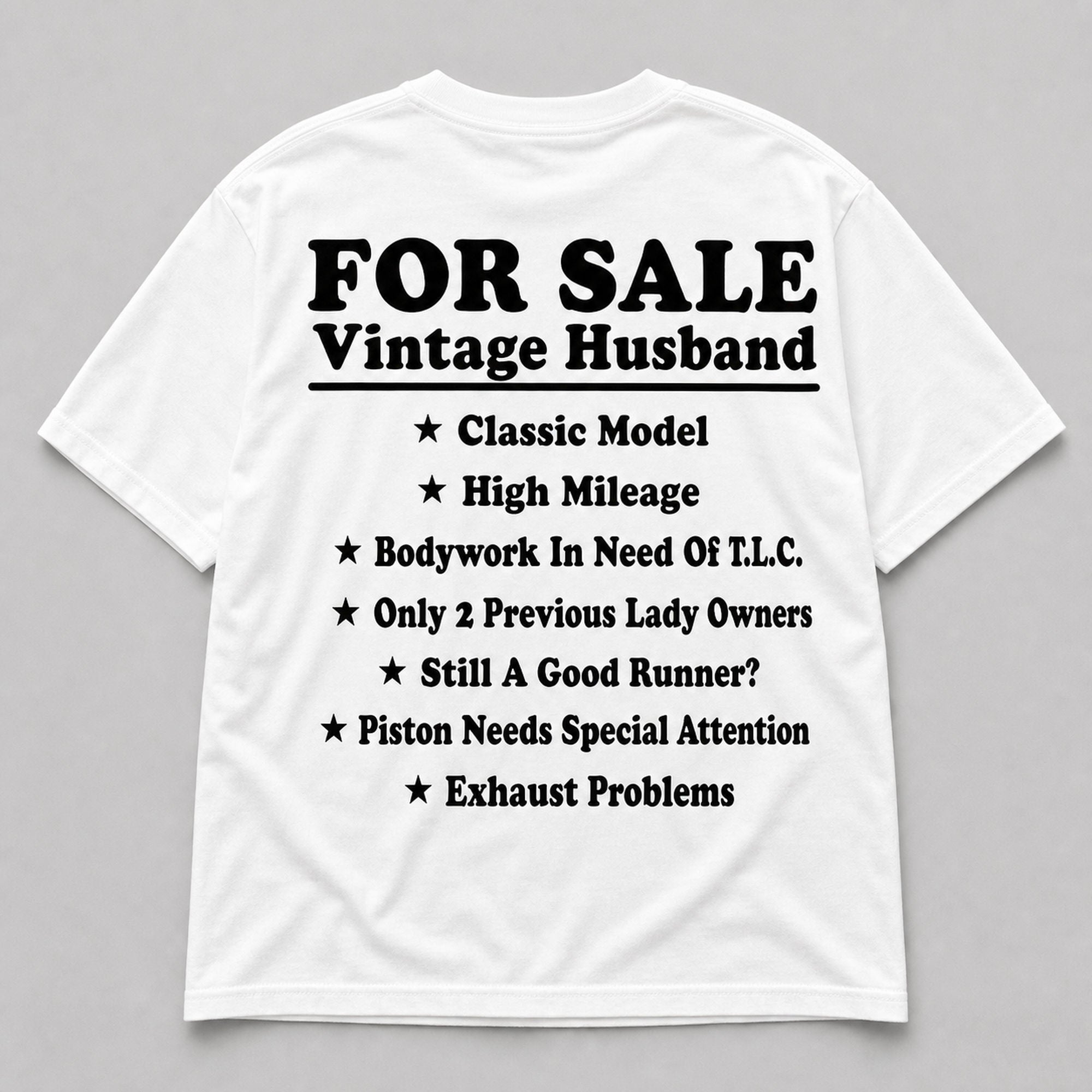 For Sale Vintage Husband funny graphic tee white back print flat lay