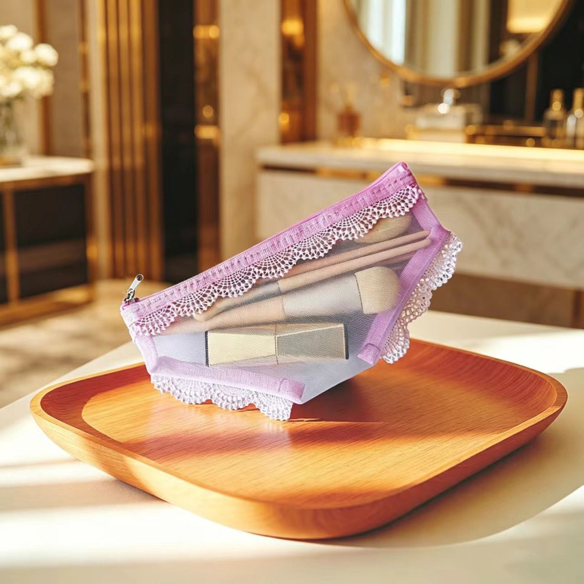 Y2K Panty-Shaped Mesh Makeup Bag – Lace Heart Cosmetic Pouch