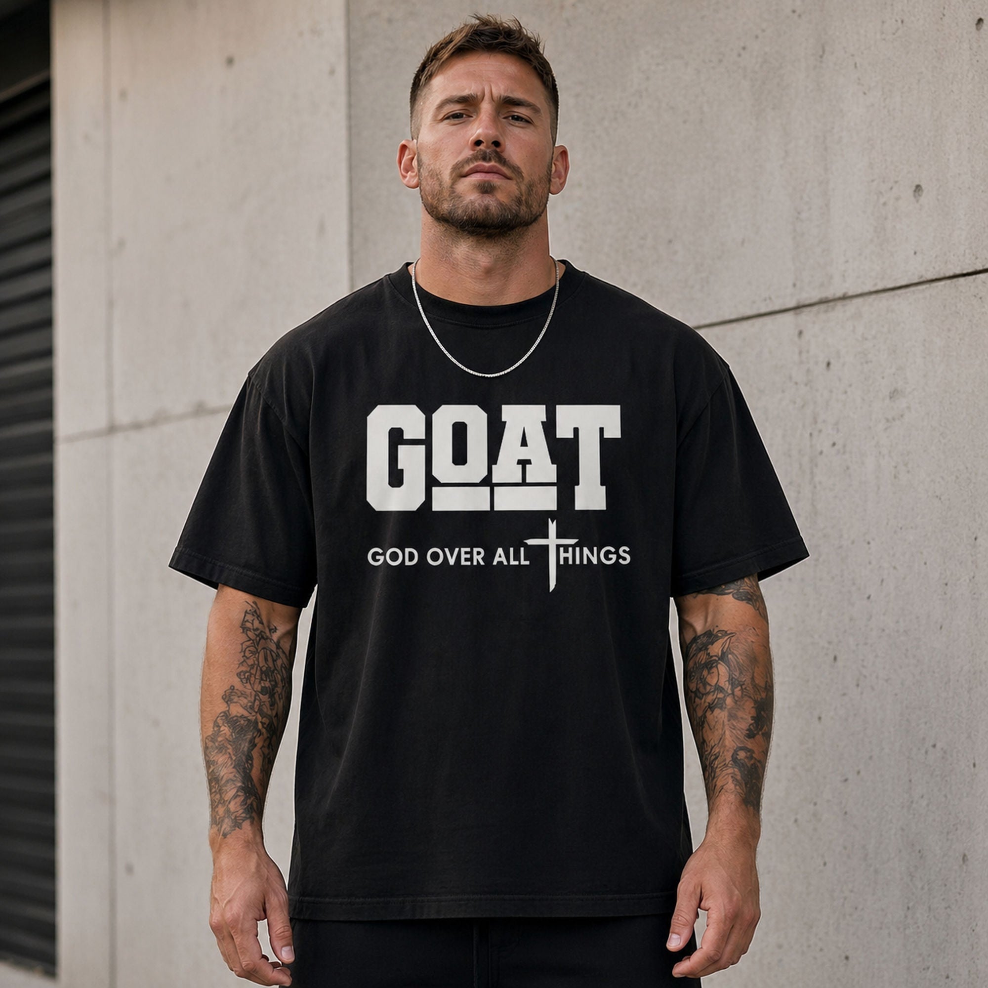 GOAT God Over All Things Faith Graphic Tee front print product photo 01 | Diya Glow