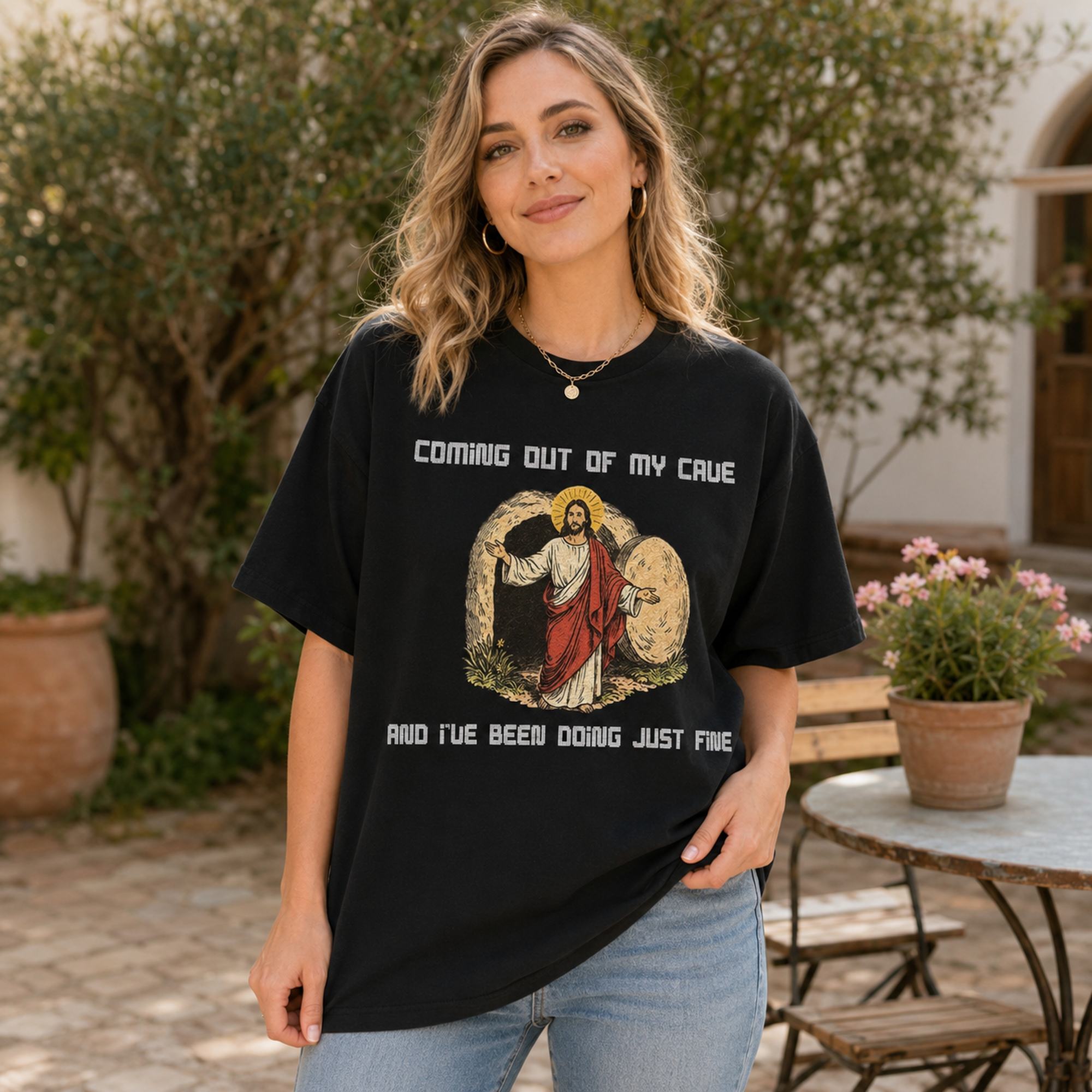 Coming Out Of My Cave Easter Graphic Tee front print product photo 01 | Diya Glow