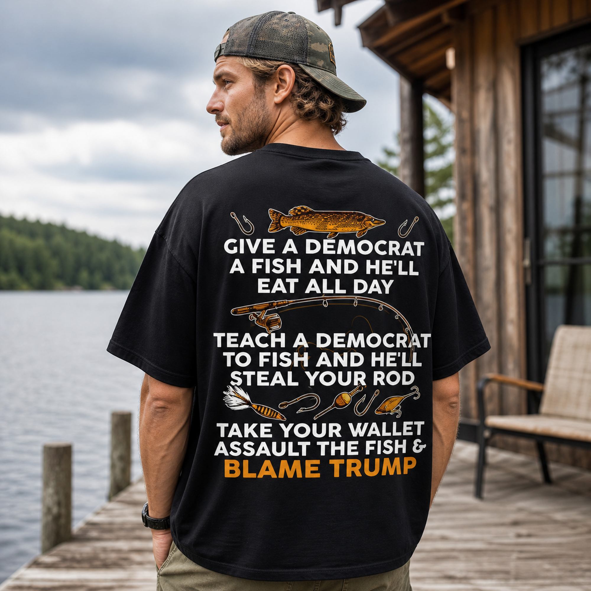 Give A Democrat A Fish Funny Graphic Tee front print product photo 01 | Diya Glow