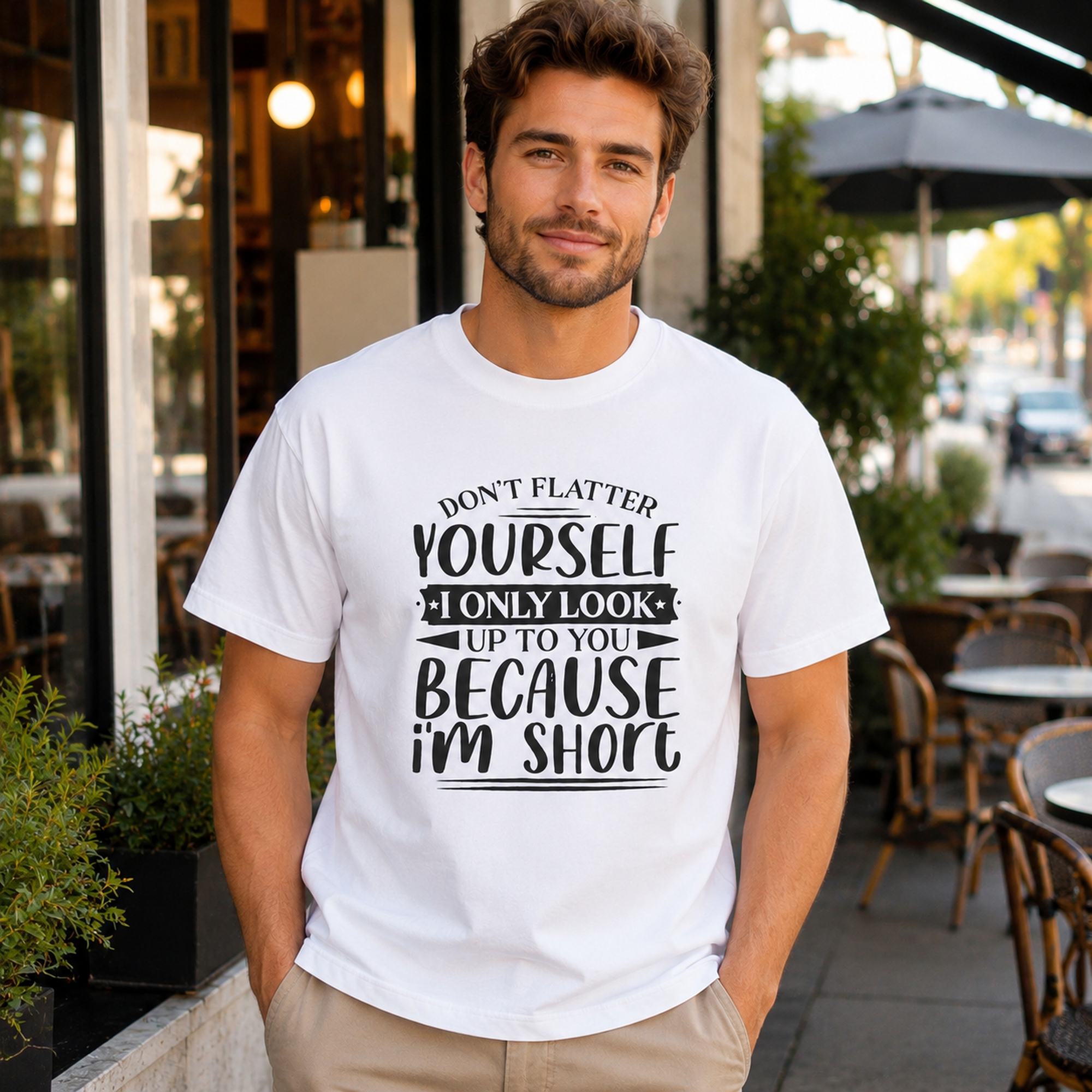 Don't Flatter Yourself I Only Look Up To You Because I'm Short Funny Graphic Tee front print product photo 02 | Diya Glow