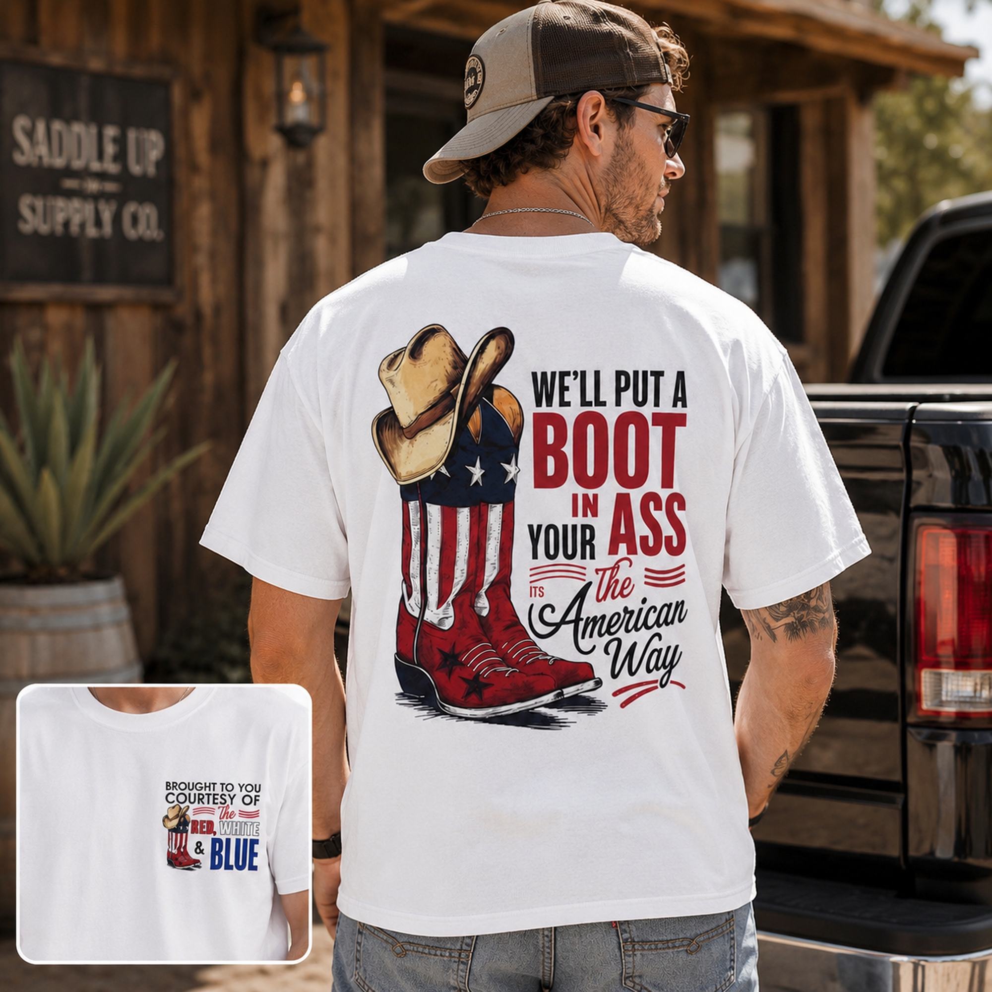 We'll Put A Boot In Your Ass The American Way Graphic Tee front print product photo 02 | Diya Glow