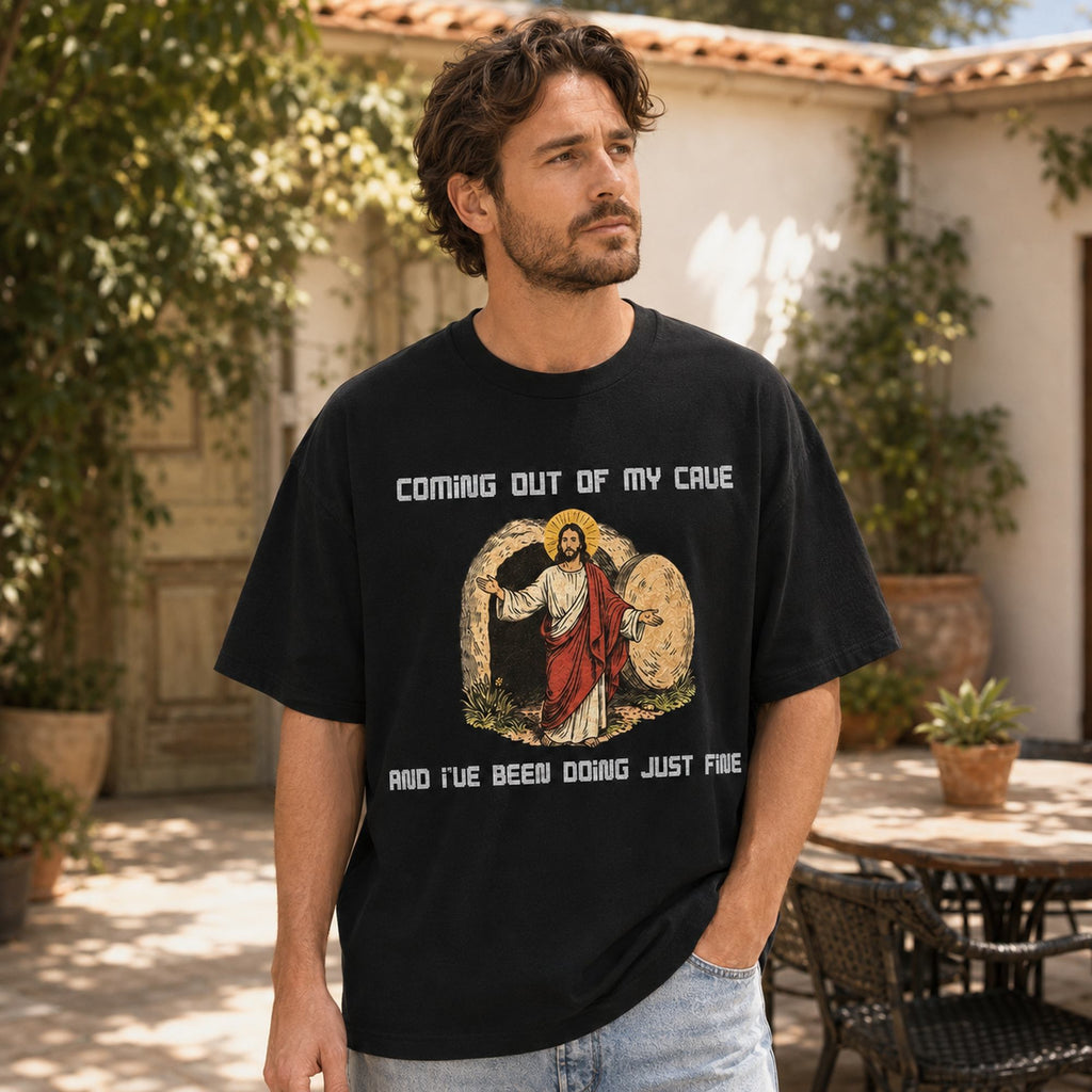 Coming Out Of My Cave Easter Graphic Tee front print product photo 02 | Diya Glow