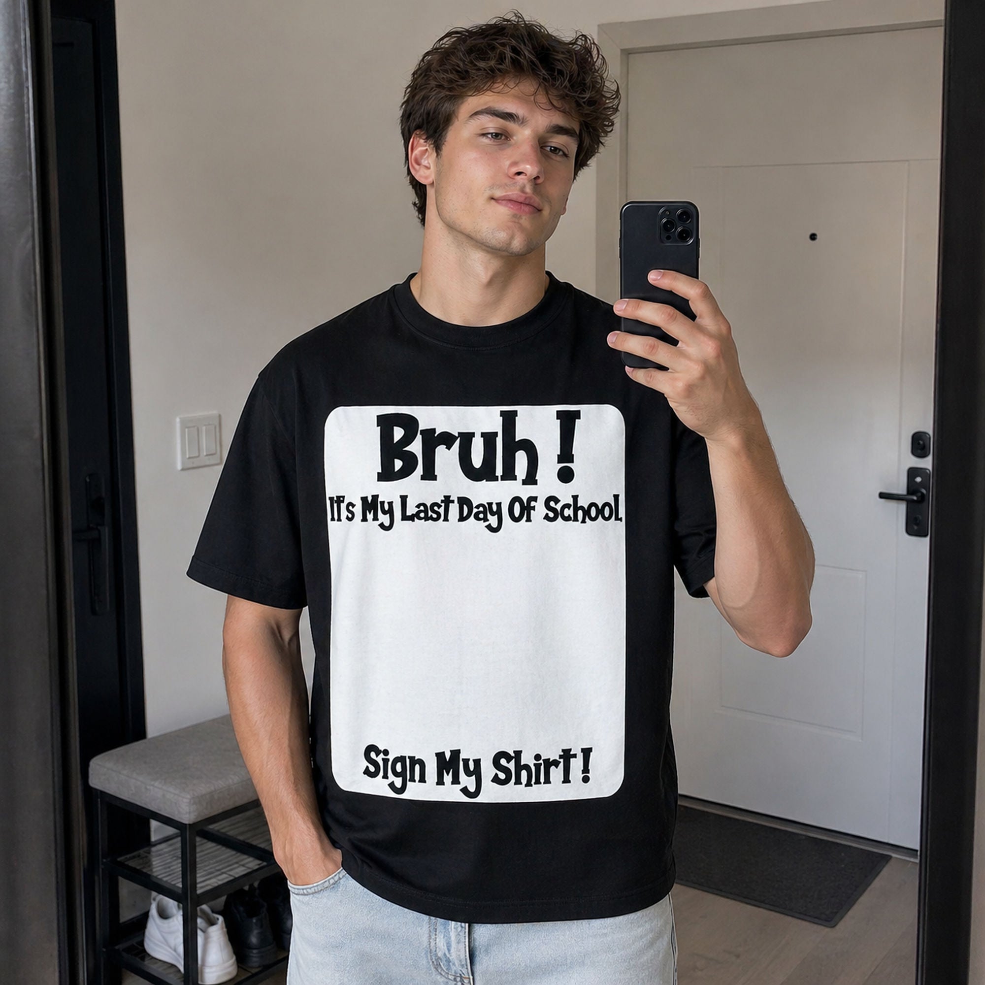 Bruh It's My Last Day Of School Sign My Shirt Funny Graphic Tee front print product photo 02 | Diya Glow