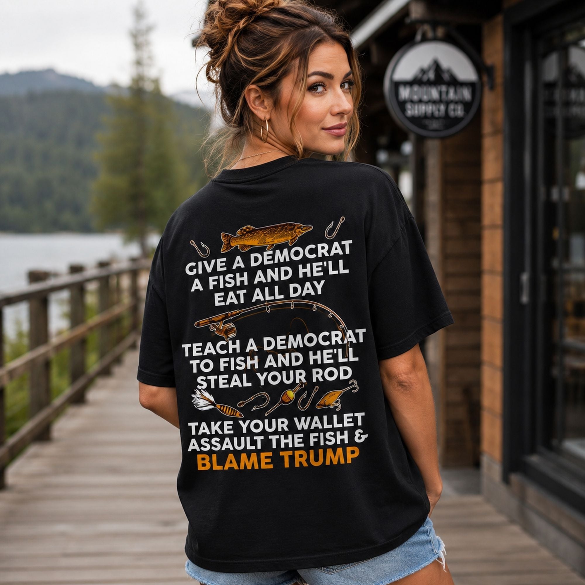 Give A Democrat A Fish Funny Graphic Tee front print product photo 02 | Diya Glow