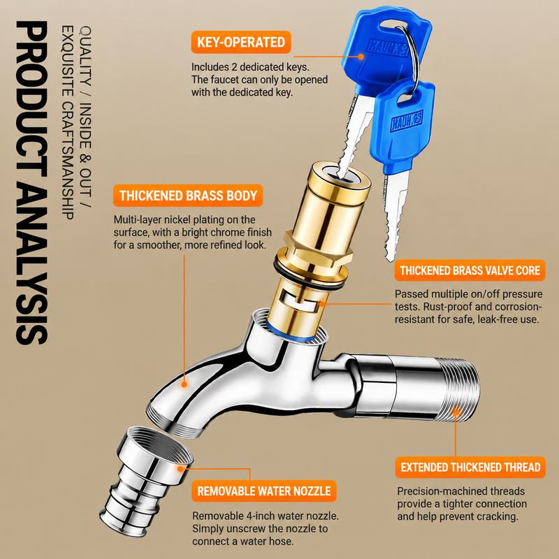 1/2" Brass Locking Outdoor Faucet with Key – Anti-Theft Tap