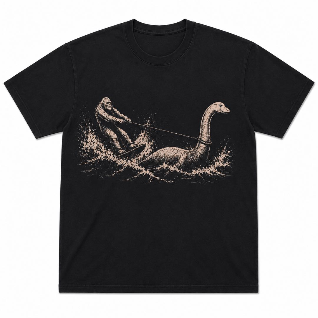 Bigfoot Water Skiing With Nessie Vintage Graphic T-Shirt | Funny Cryptid Adventure Tee