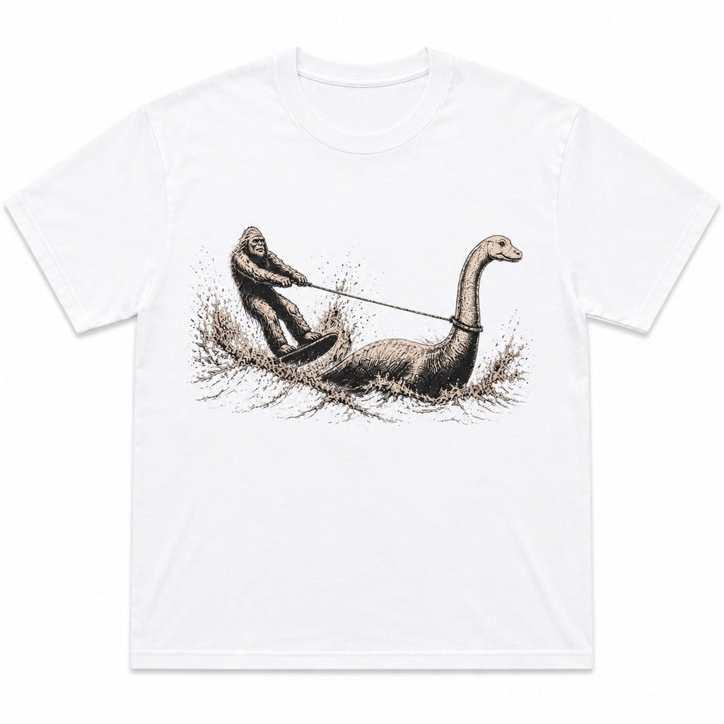 Bigfoot Water Skiing With Nessie Vintage Graphic T-Shirt | Funny Cryptid Adventure Tee