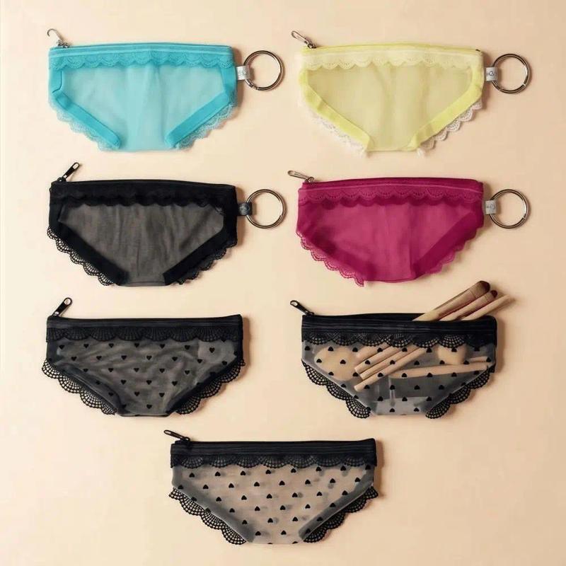 Y2K Panty-Shaped Mesh Makeup Bag – Lace Heart Cosmetic Pouch
