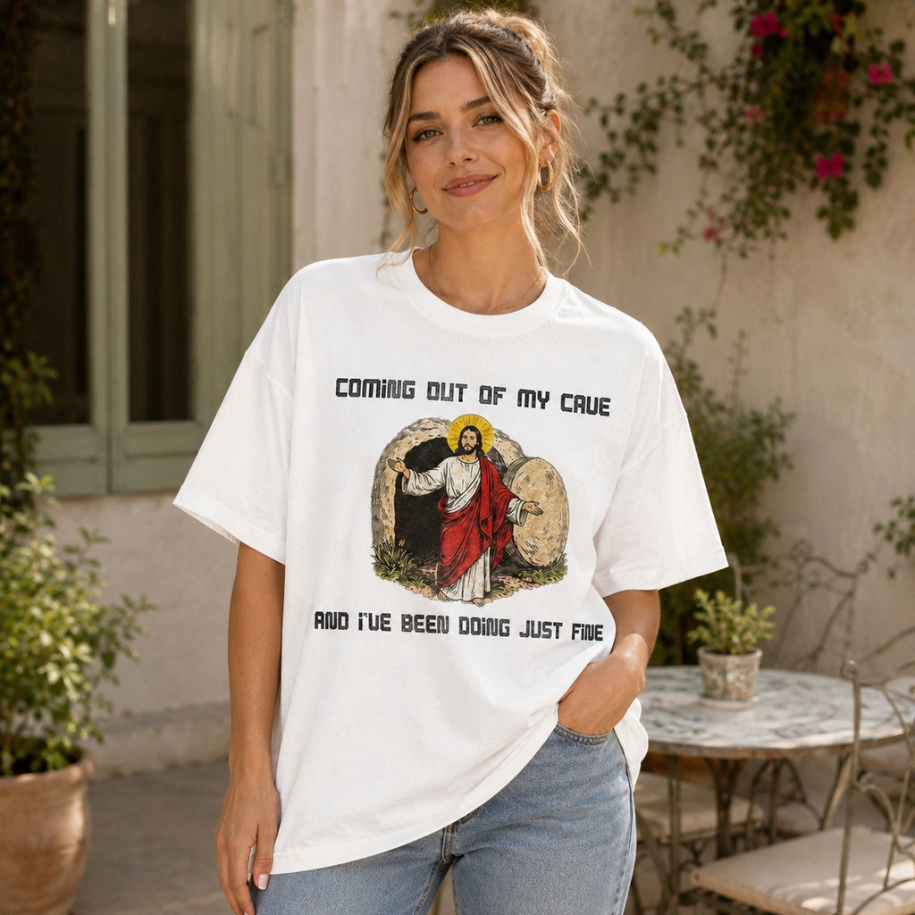Coming Out Of My Cave Easter Graphic Tee front print product photo 03 | Diya Glow
