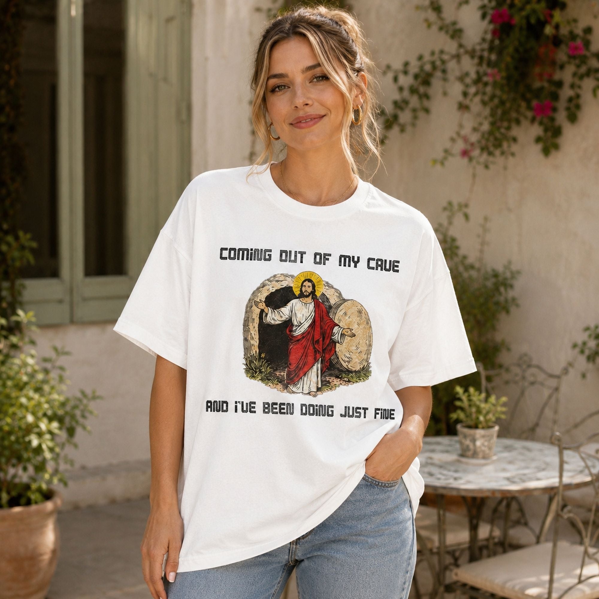 Coming Out Of My Cave Easter Graphic Tee front print product photo 03 | Diya Glow