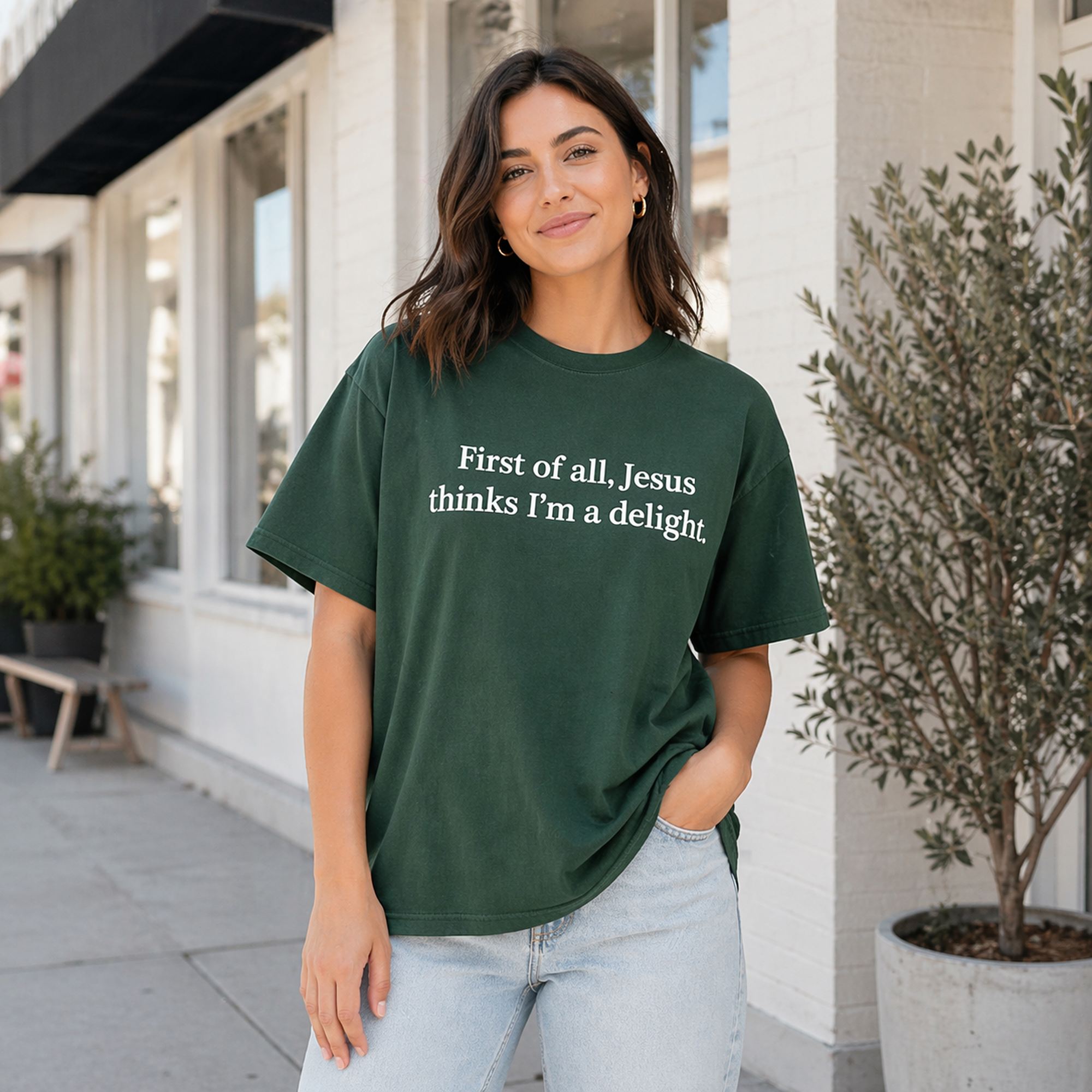 First Of All Jesus Thinks I'm A Delight Faith Graphic Tee front print product photo 03 | Diya Glow