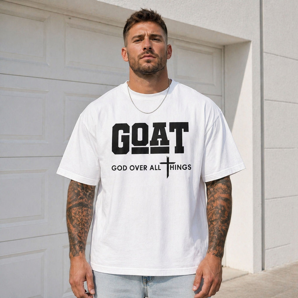 GOAT God Over All Things Faith Graphic Tee front print product photo 03 | Diya Glow