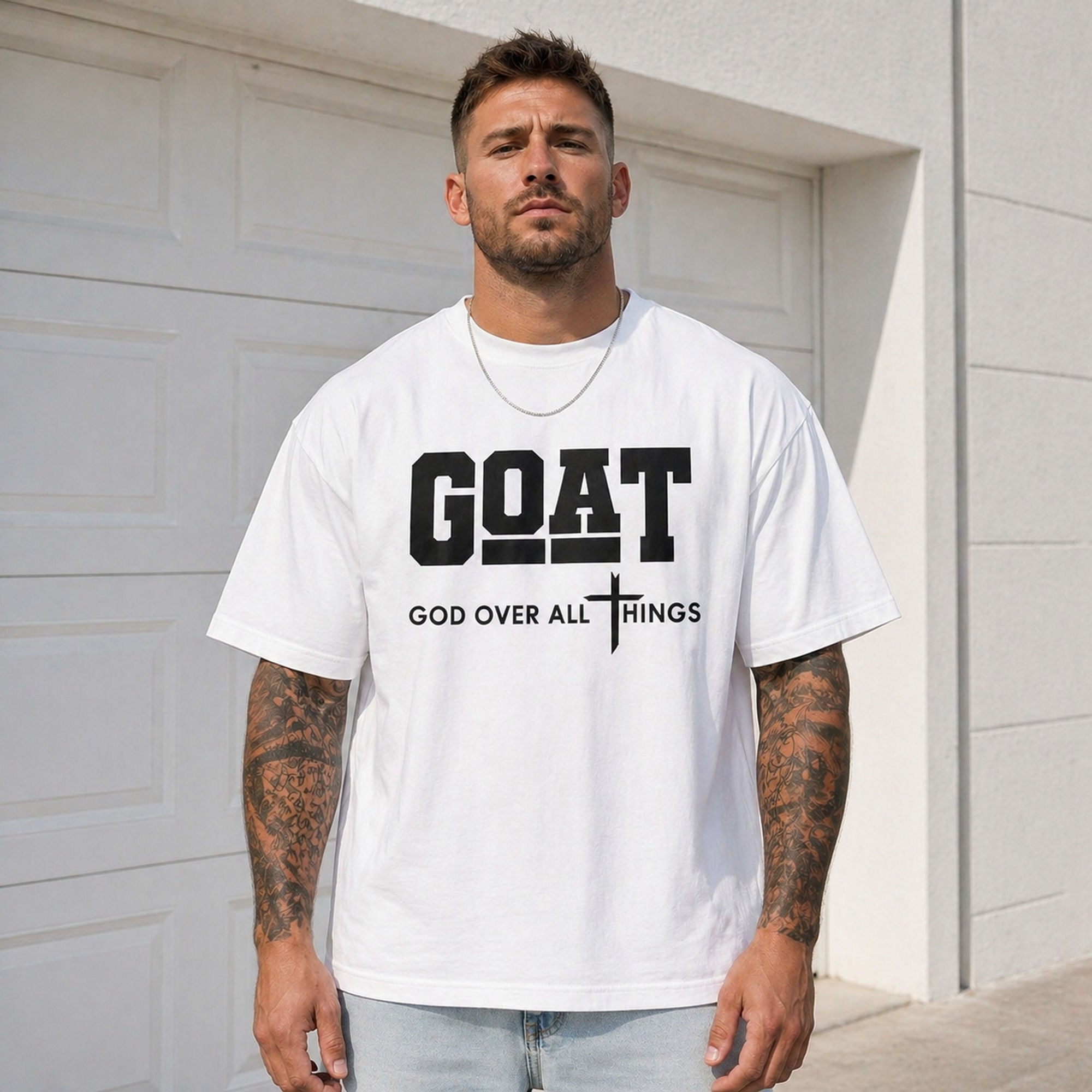 GOAT God Over All Things Faith Graphic Tee front print product photo 03 | Diya Glow